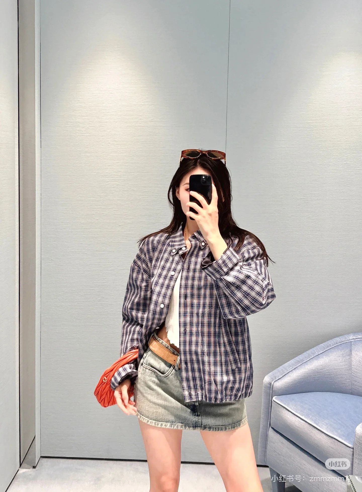 미우미우 레터 로고 자수 체크 셔츠 25 SS 상세 이미지 7