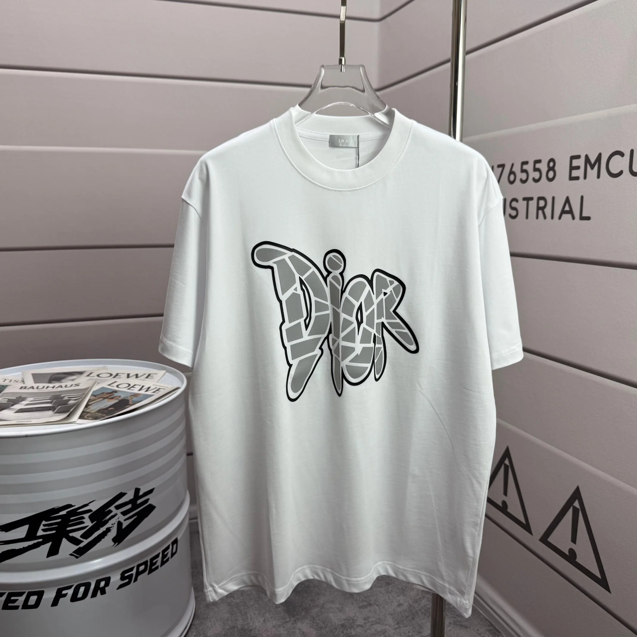 디올 심플 3D 실리콘 장식 코튼 반팔 티셔츠 상세 이미지 1