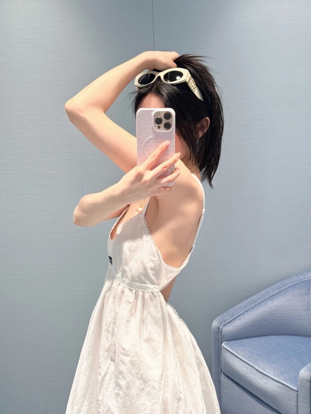 미우미우 시스루 자수 레이스 백리스 실크 슬립 원피스 26 SS 상세 이미지 7