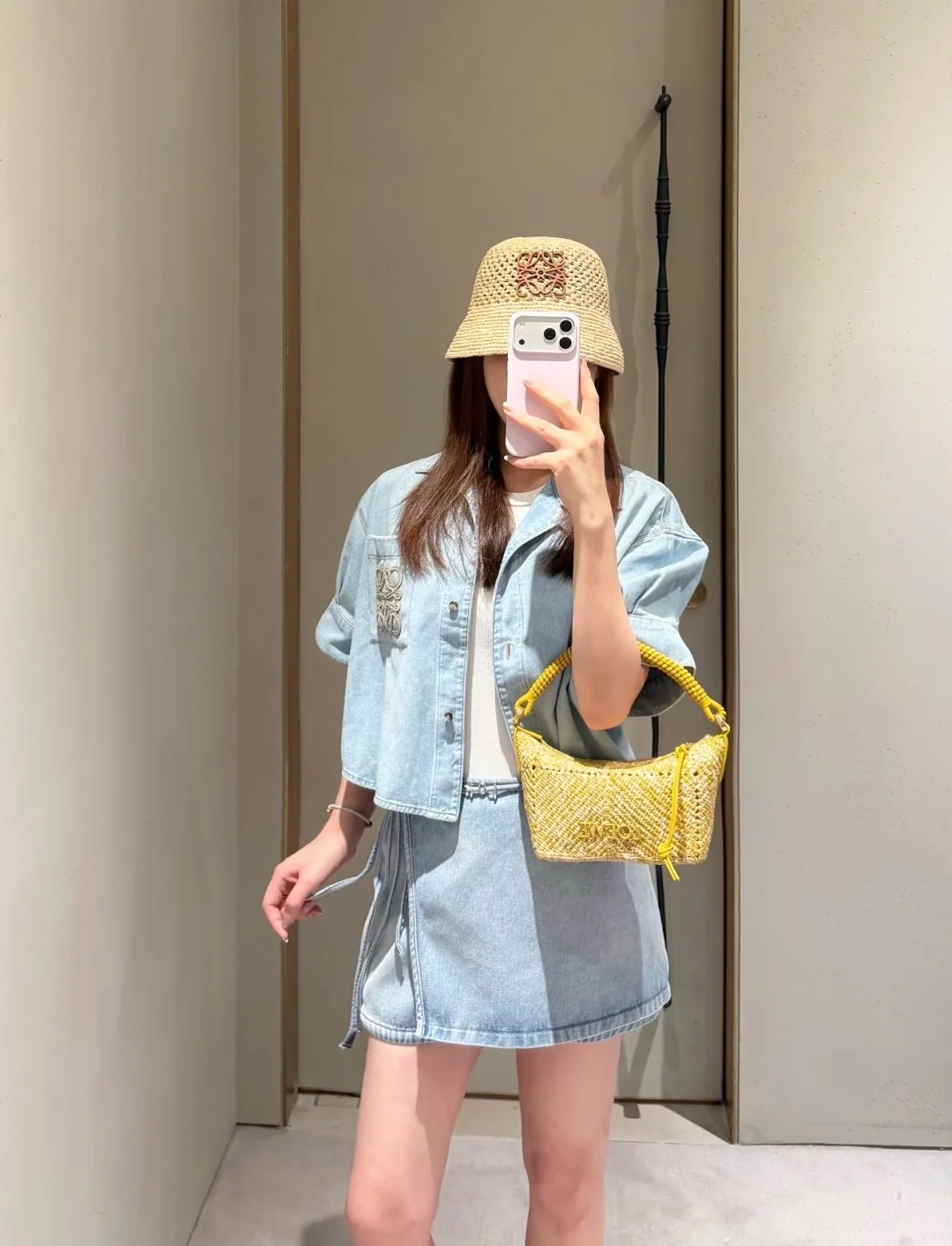 로에베 이비사 컬러 블록 자수 데님 반소매 셔츠 상세 이미지 1