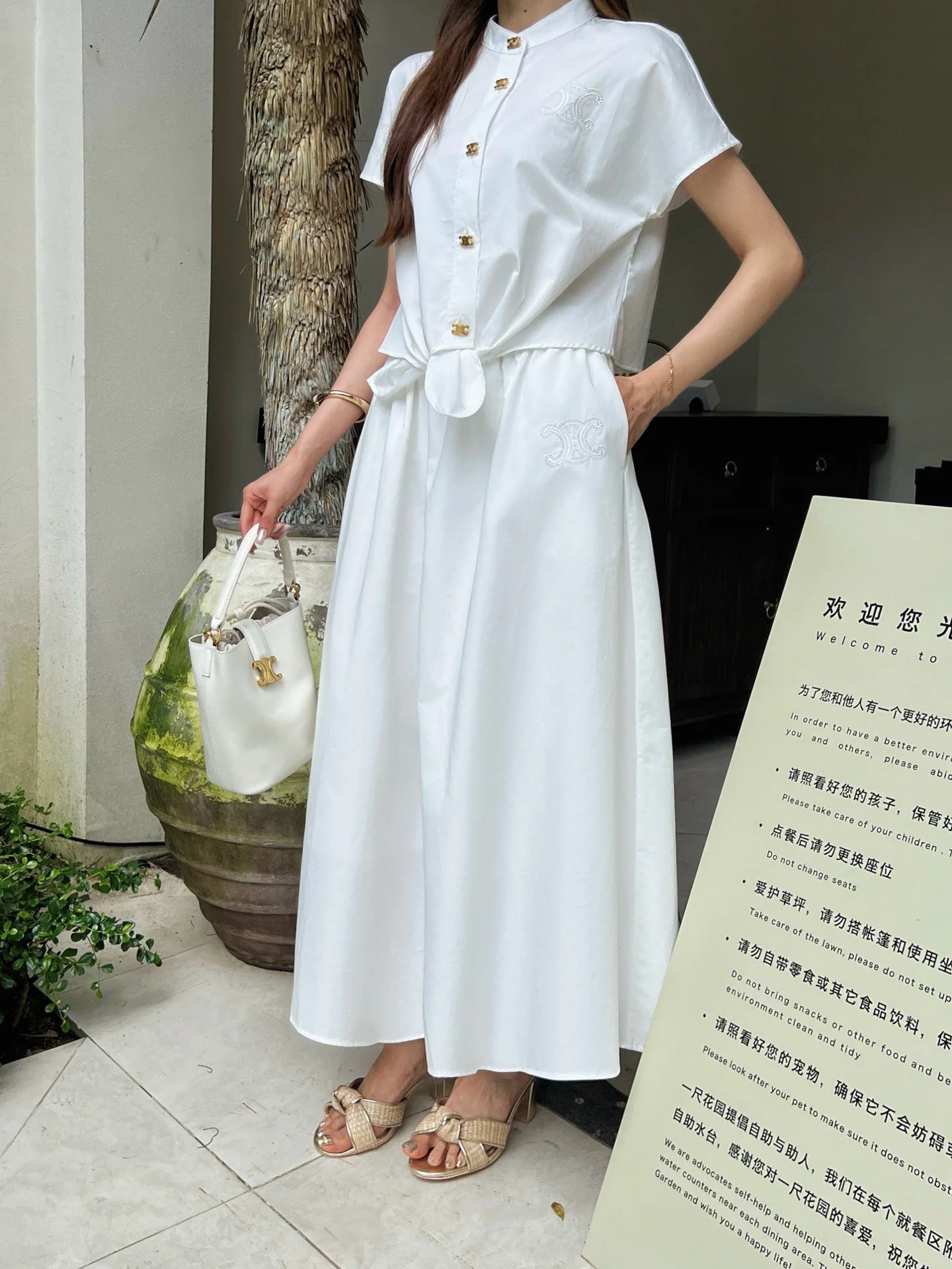 셀린느 허리 타이 코튼 반소매 원피스 상세 이미지 1