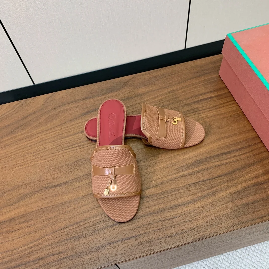 로로피아나 컬러 블록 린넨 가죽 샌들 상세 이미지 4