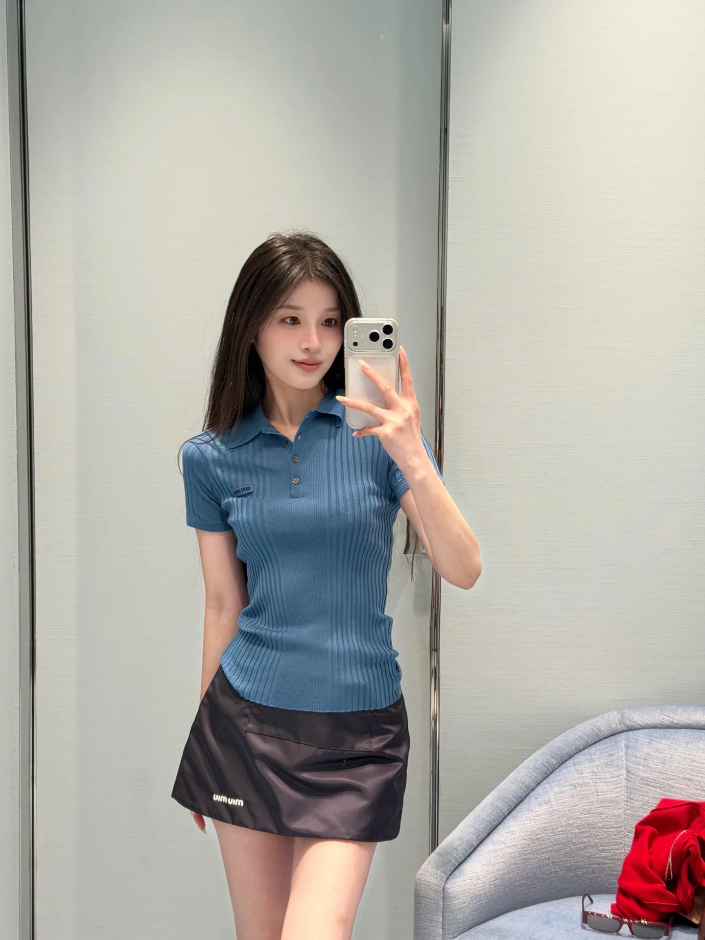 미우미우 클라인 블루 폴로 반팔 니트 스웨터 26 SS 상세 이미지 7