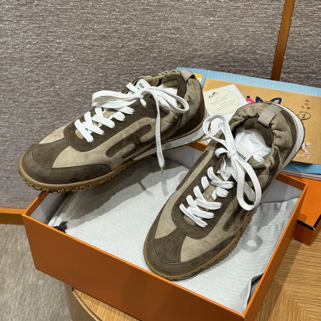 에르메스 갈색 샤무아 가죽 트레이닝 스니커즈 8257 상세 이미지 3