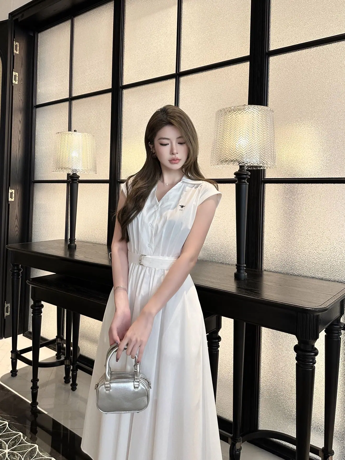 디올 벨트 카라 코튼 원피스 상세 이미지 7