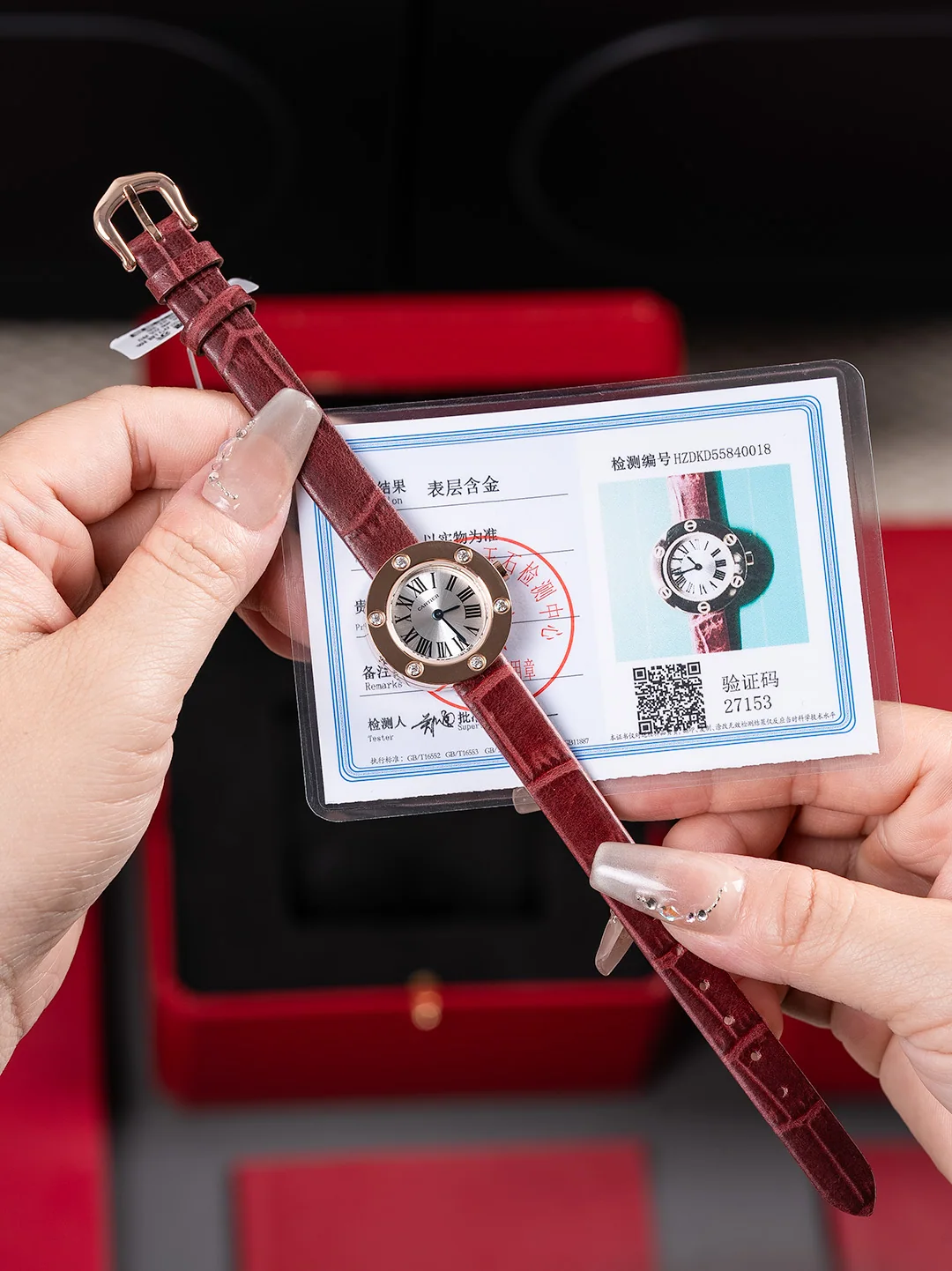 까르띠에 시계 쿼츠 무브먼트 다이아 로즈골드 블루 스틸밴드 가죽스트랩 레플리카 42876 Cartier 상세 이미지 1