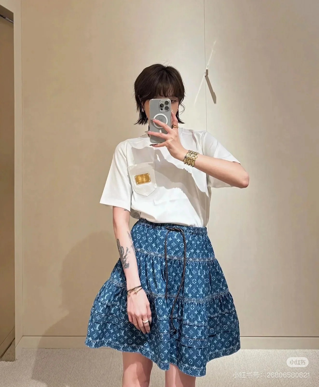 루이비통 데님 패치워크 코튼 반팔 니트 티셔츠 상세 이미지 2