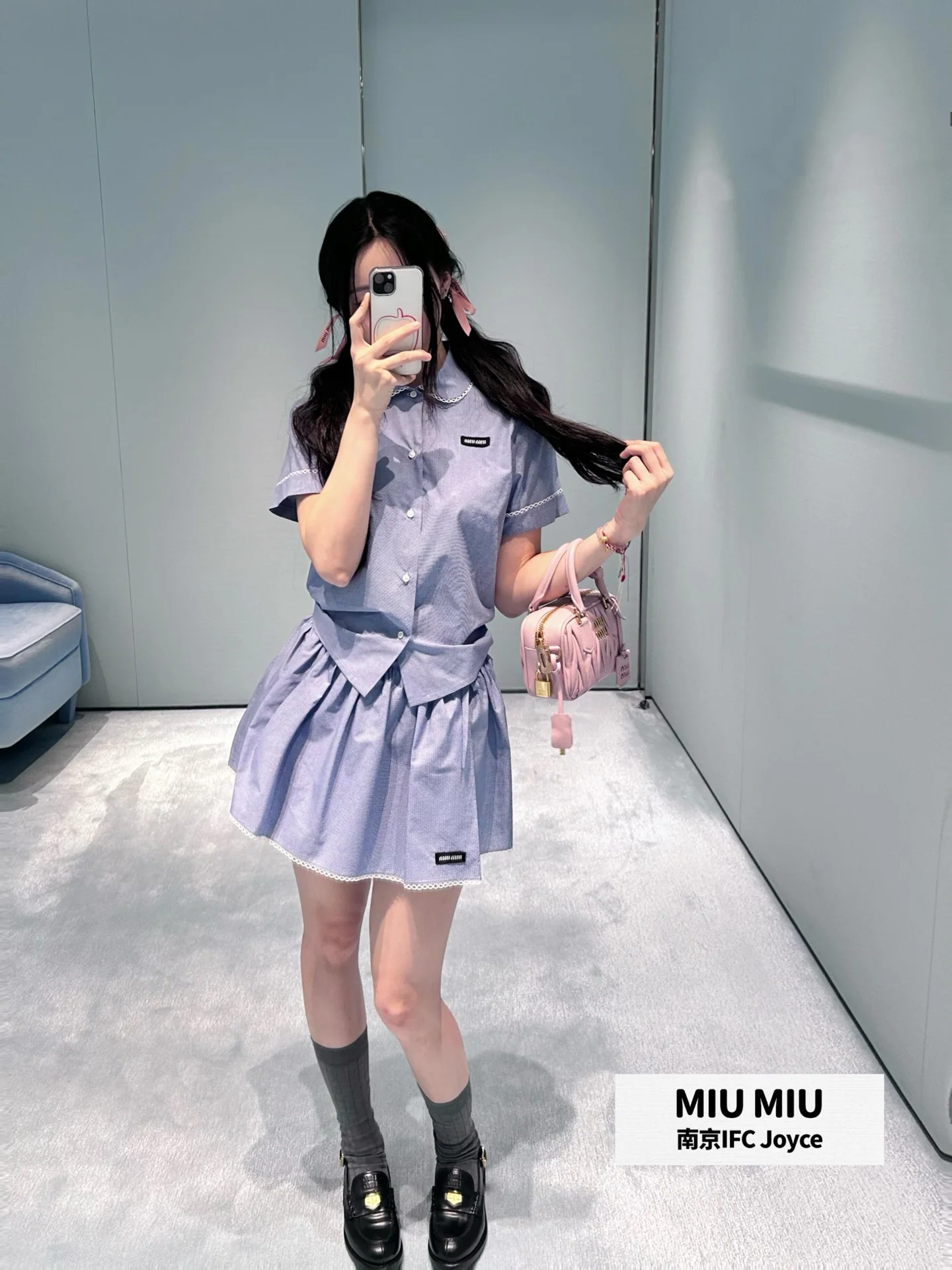 미우미우 블루 체크 피터팬 카라 반팔 셔츠 스커트 세트 26 SS 상세 이미지 5