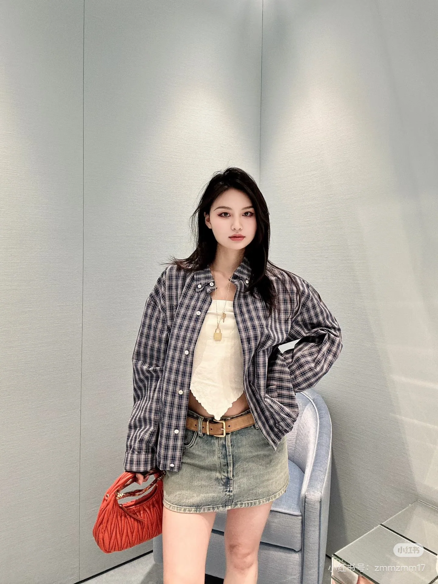미우미우 레터 로고 자수 체크 셔츠 25 SS 상세 이미지 8