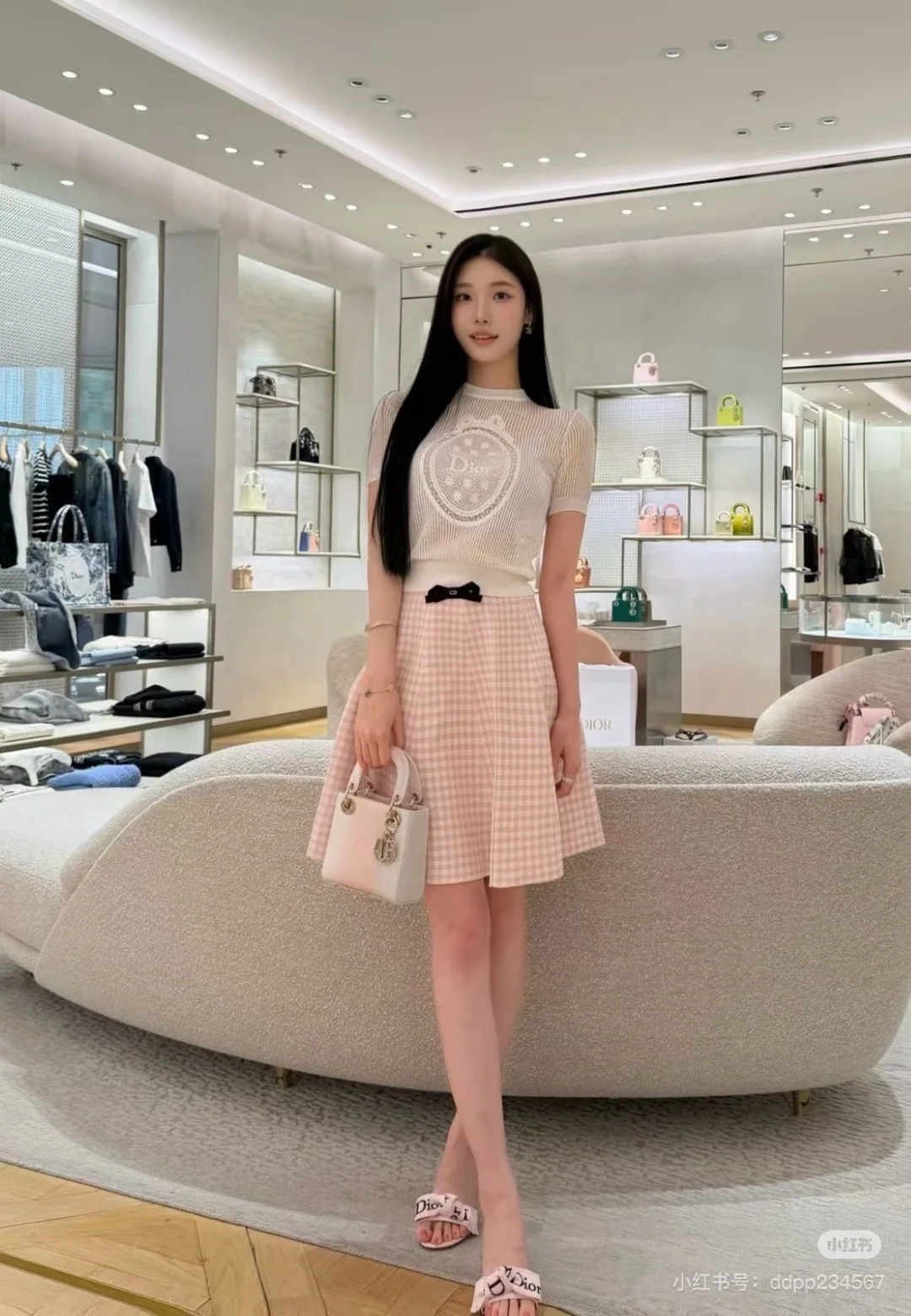 디올 벚꽃 핑크 리본 깃털 체크 세트 상세 이미지 4