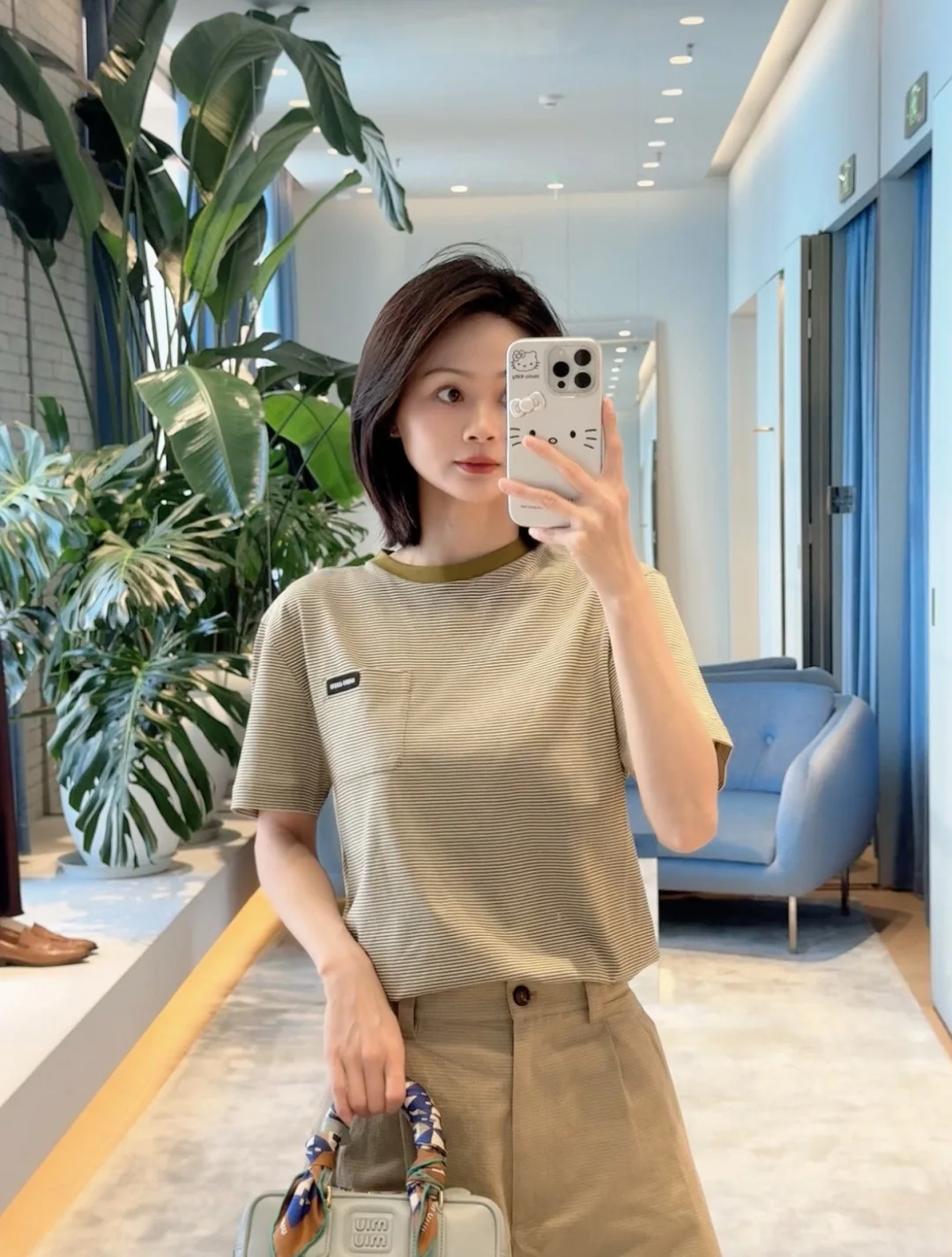 미우미우 옐로우그린 스트라이프 반팔 티셔츠 상세 이미지 7