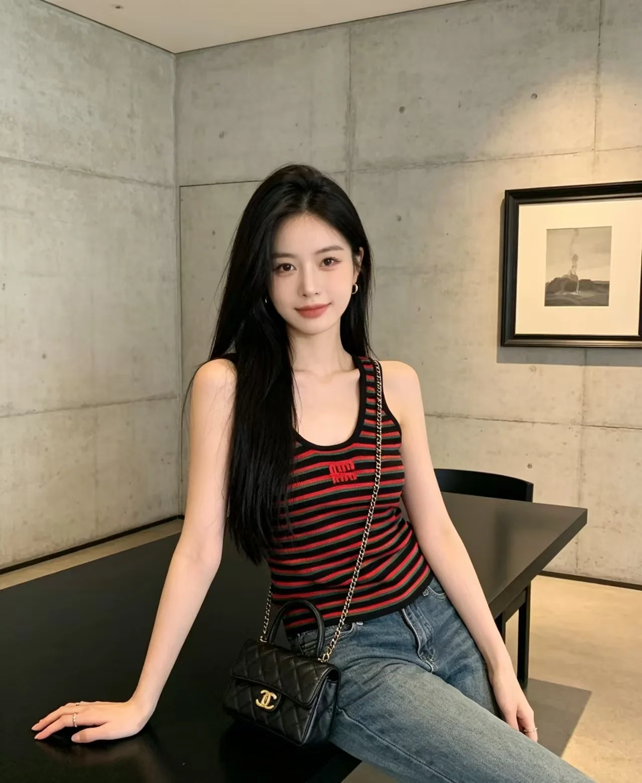 미우미우 U넥 스트라이프 니트 베스트 상세 이미지 1