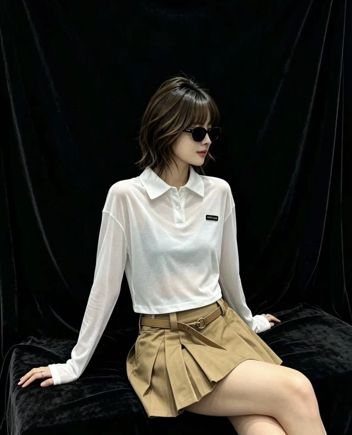 미우미우 숏 폴로 카라 크롭 긴팔 티셔츠 상세 이미지 2