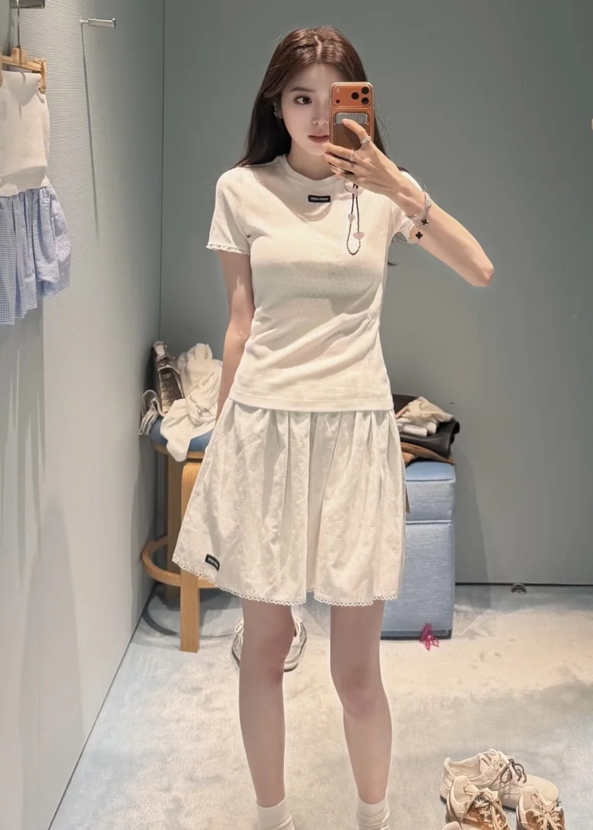 미우미우 레이스 트림 코튼 반팔 티셔츠 상세 이미지 8