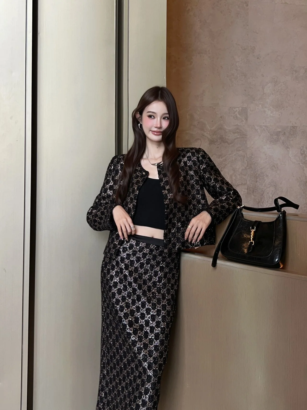 구찌 라운드넥 라인스톤 장식 수트 재킷 세트 상세 이미지 6