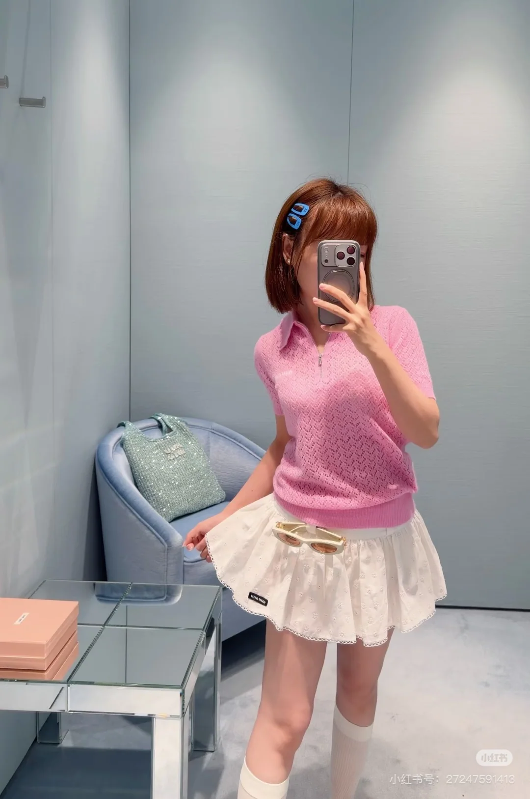 미우미우 레이스 카라 컷아웃 니트 반팔 티셔츠 상세 이미지 2