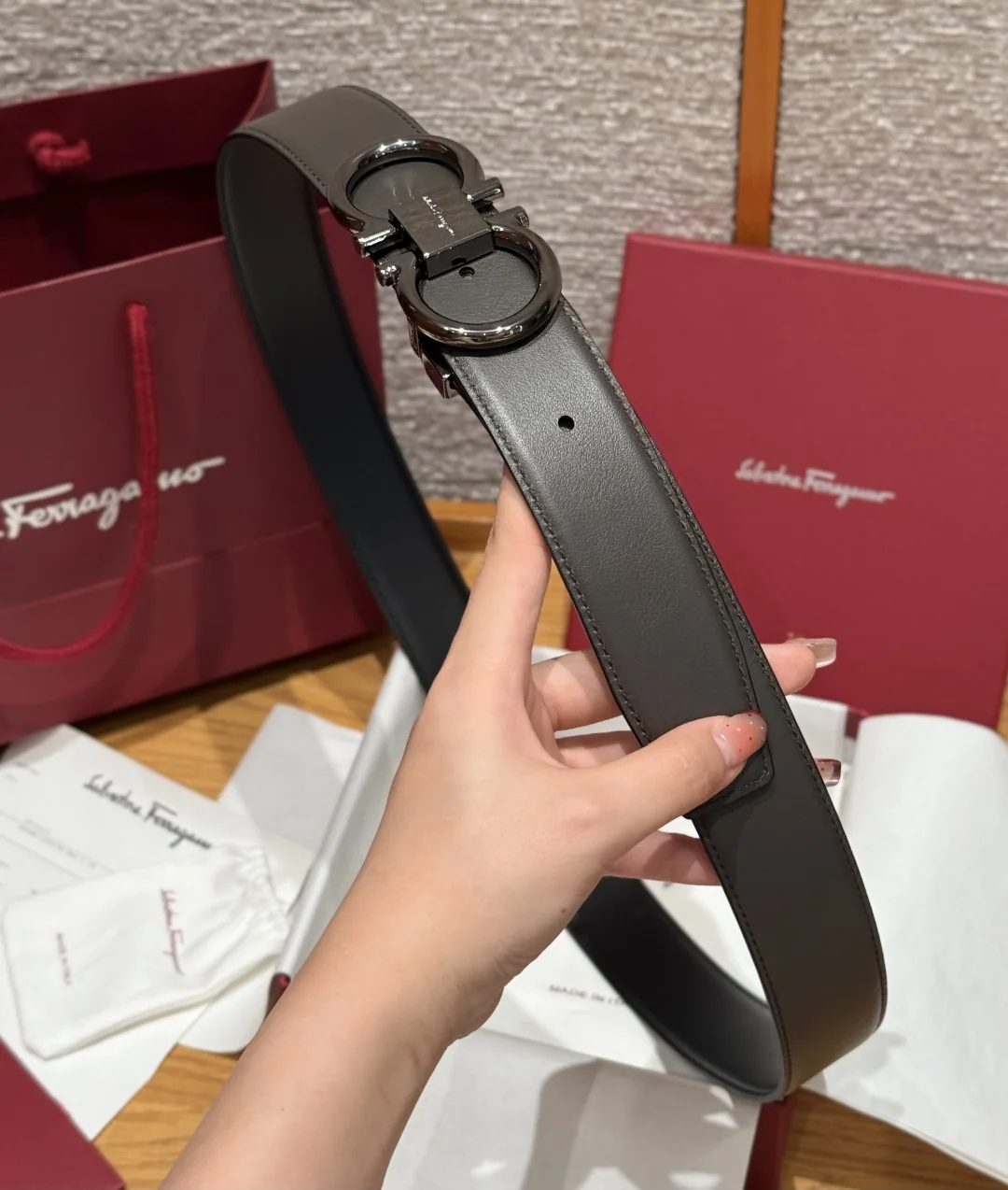 페레가모 간치니 골드 버클 양면 가죽 벨트 상세 이미지 5