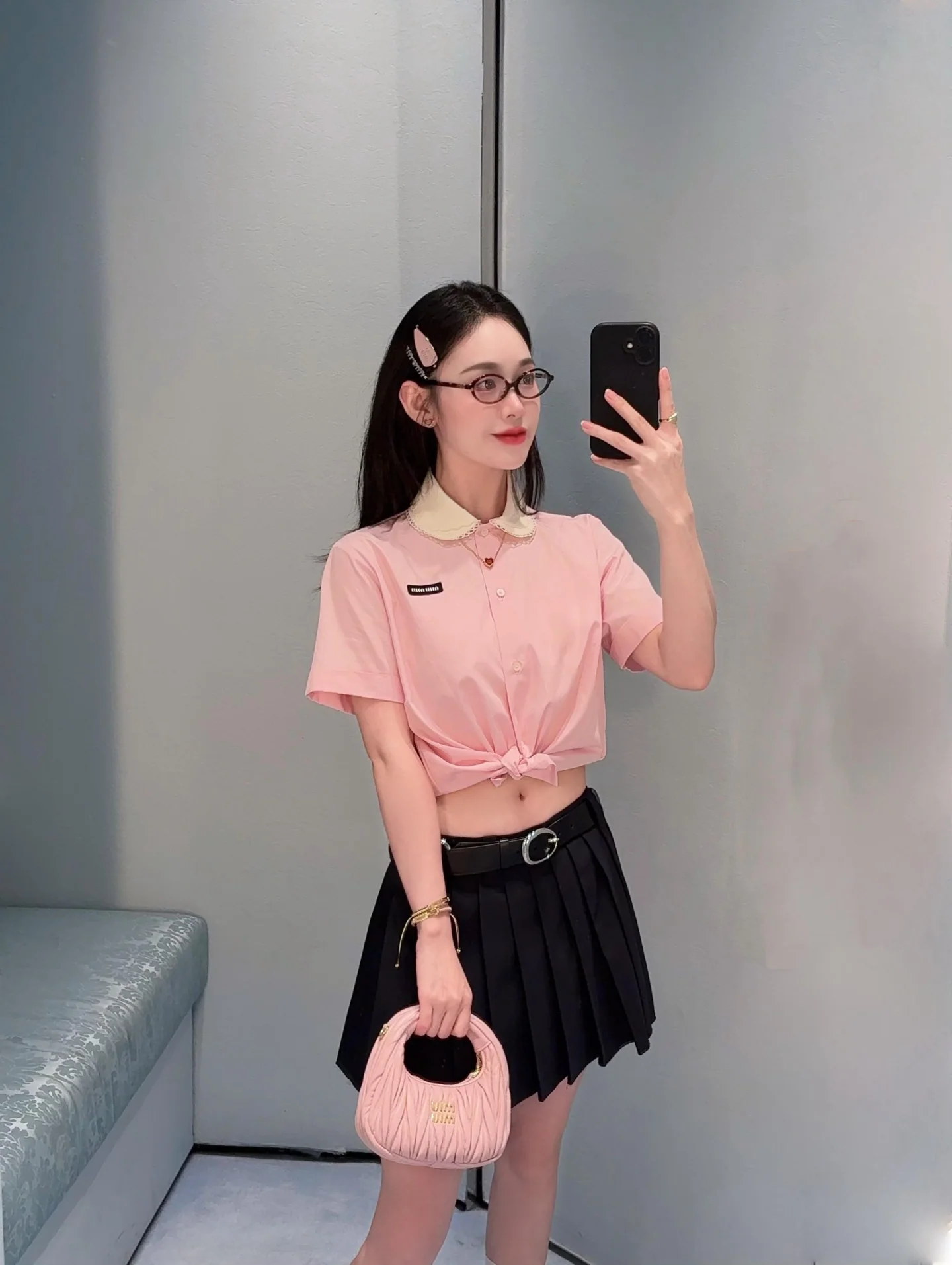미우미우 착탈식 레이스 피터팬 카라 반팔 셔츠 26 SS 상세 이미지 1