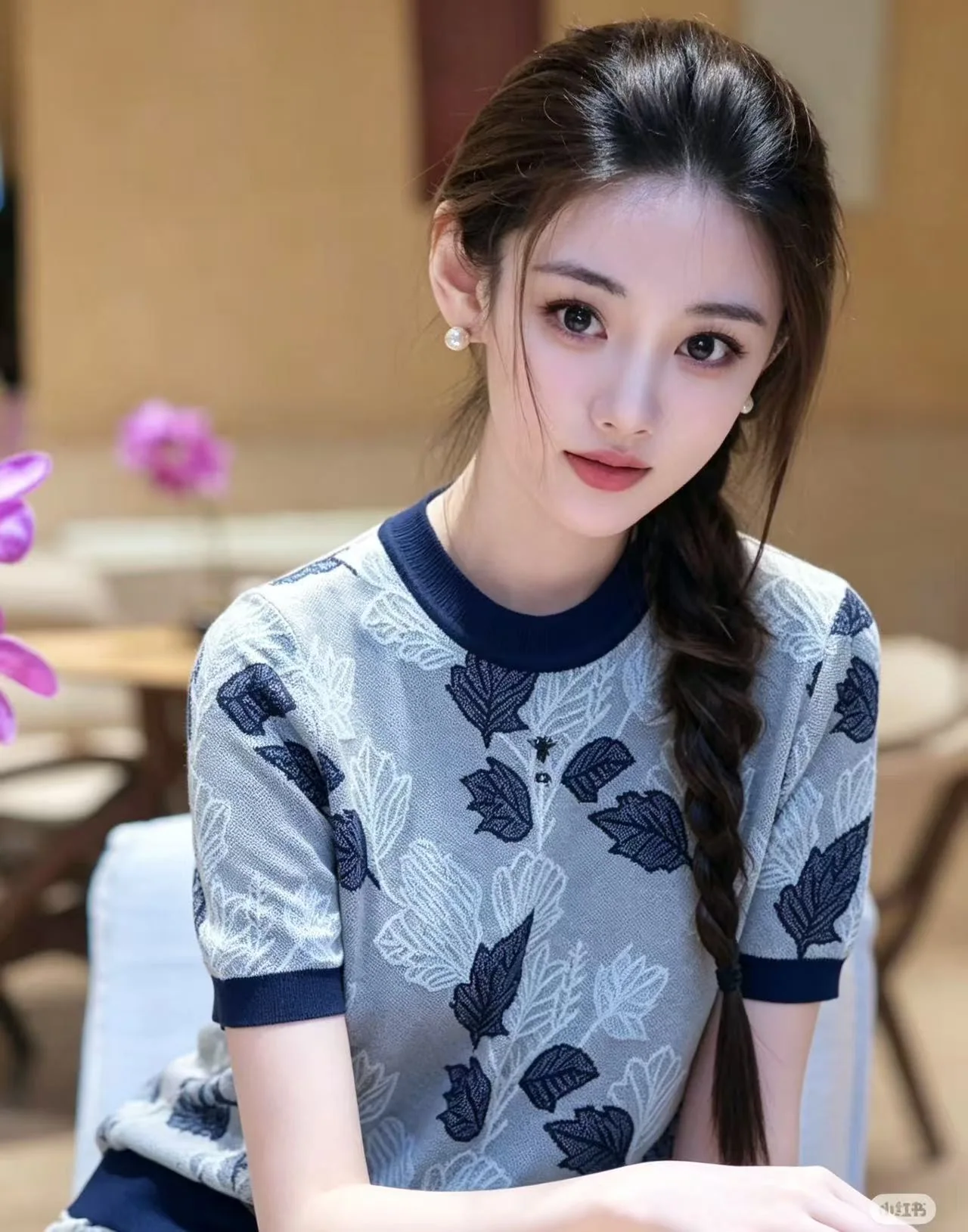 디올 잎사귀 니트 반팔 티셔츠 상세 이미지 1