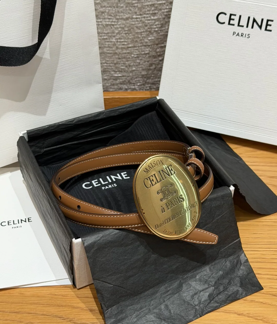 셀린느 메종 13mm 소가죽 벨트 골드 버클 177141