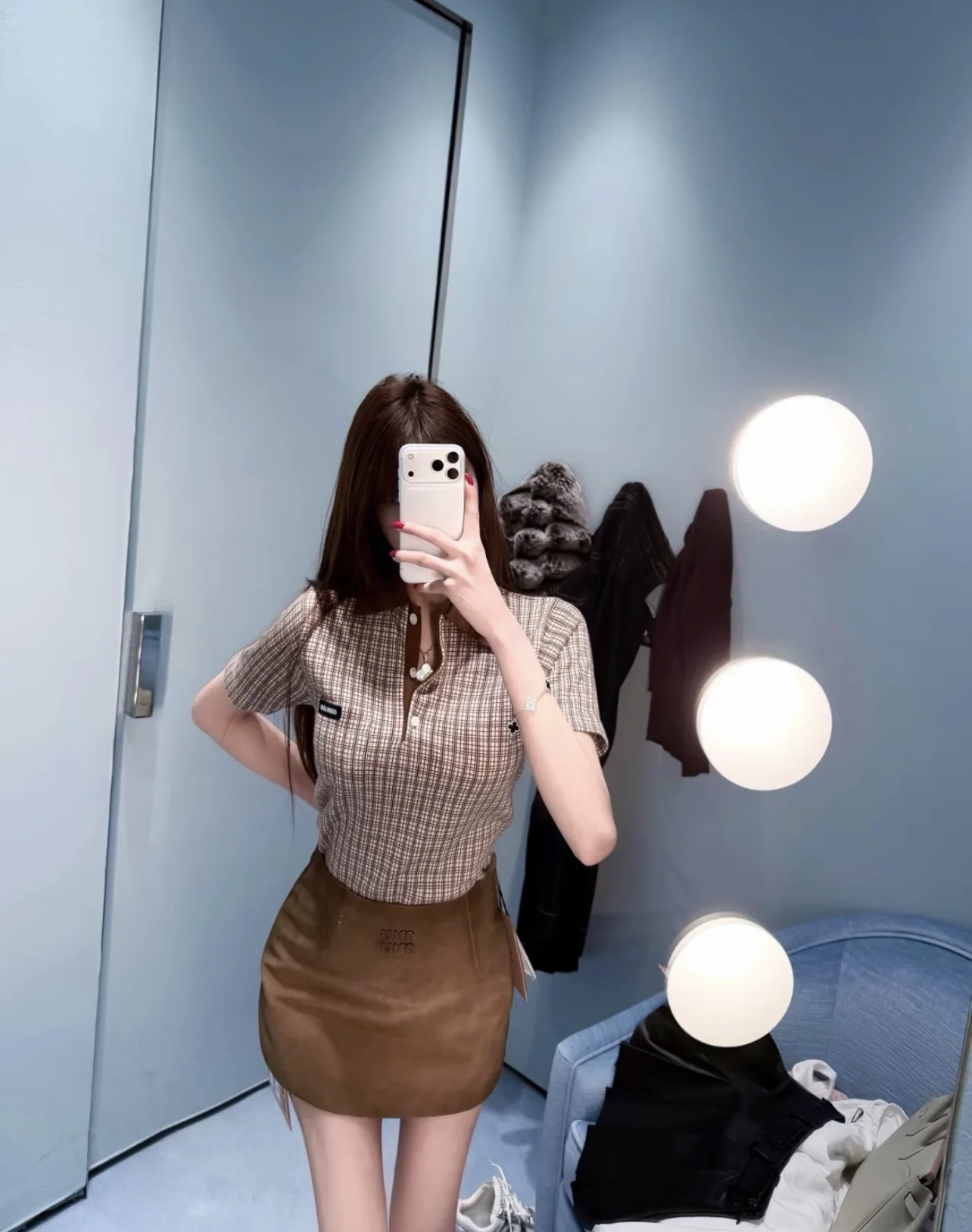 미우미우 체크 크롭 반팔 니트 티셔츠 상세 이미지 6