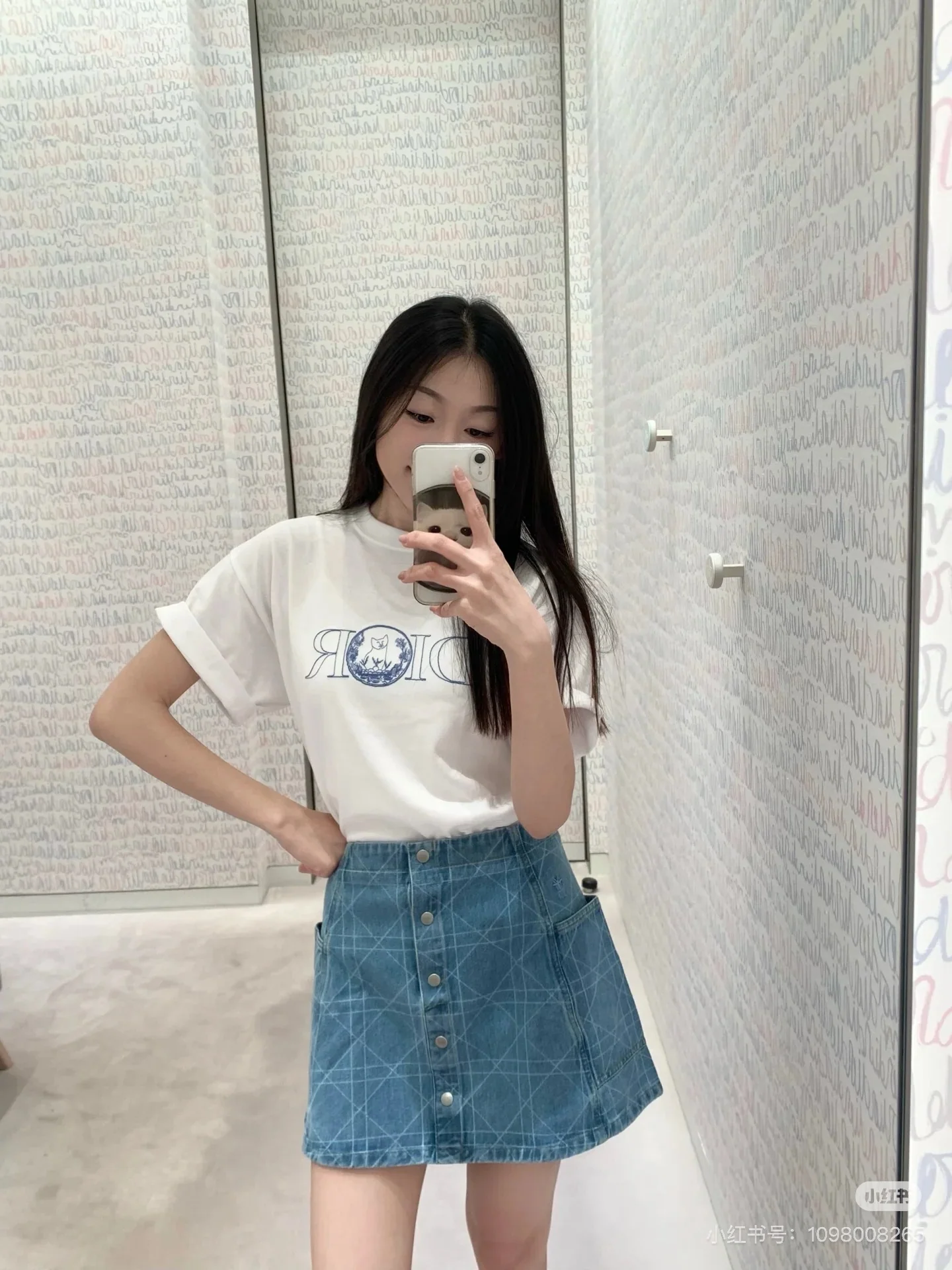 디올 고양이 무늬 여성 반팔셔츠 상세 이미지 4