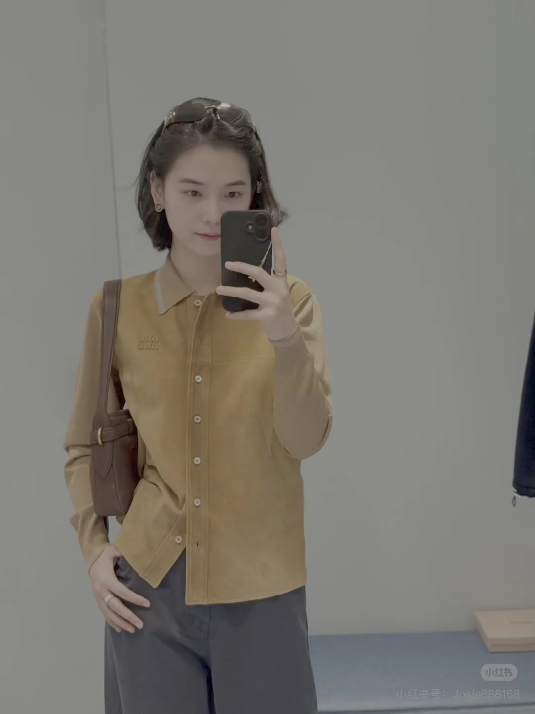 미우미우 스웨이드 패치워크 카라 셔츠 재킷 151822