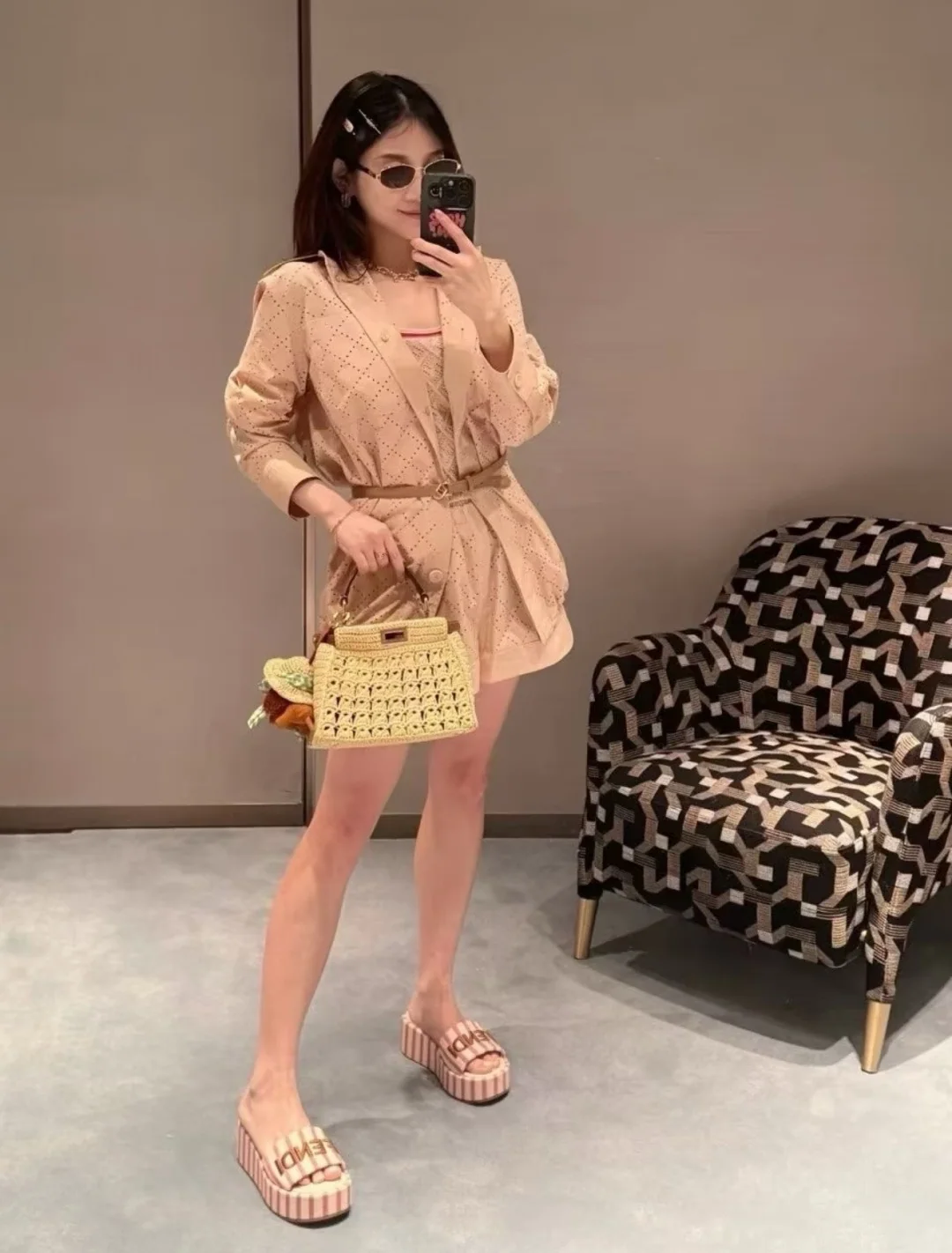 펜디 살구색 메시 다이아몬드 패턴 셔츠 재킷 상세 이미지 4