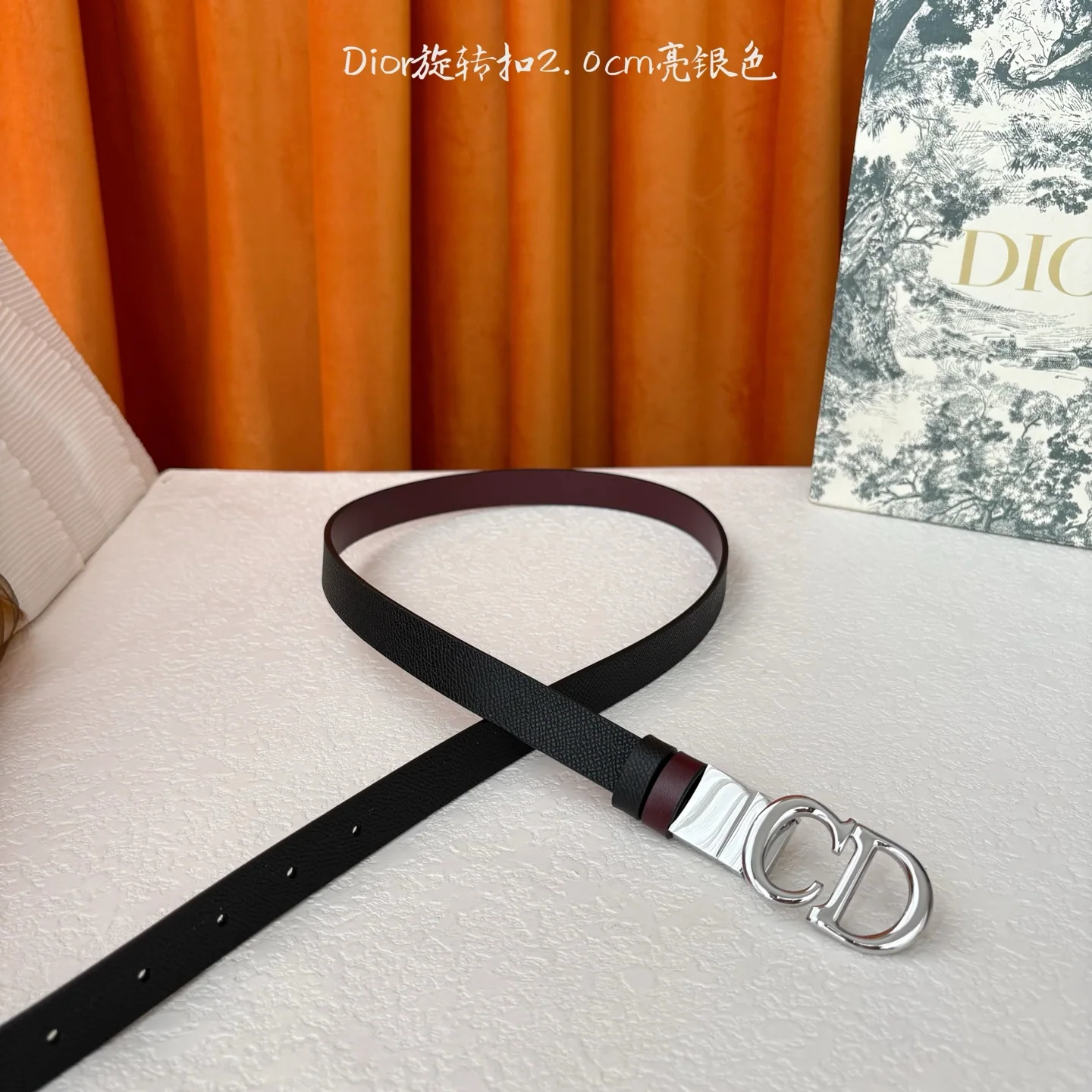 디올 블랙&버건디 송아지가죽 골드 버클 벨트 상세 이미지 3