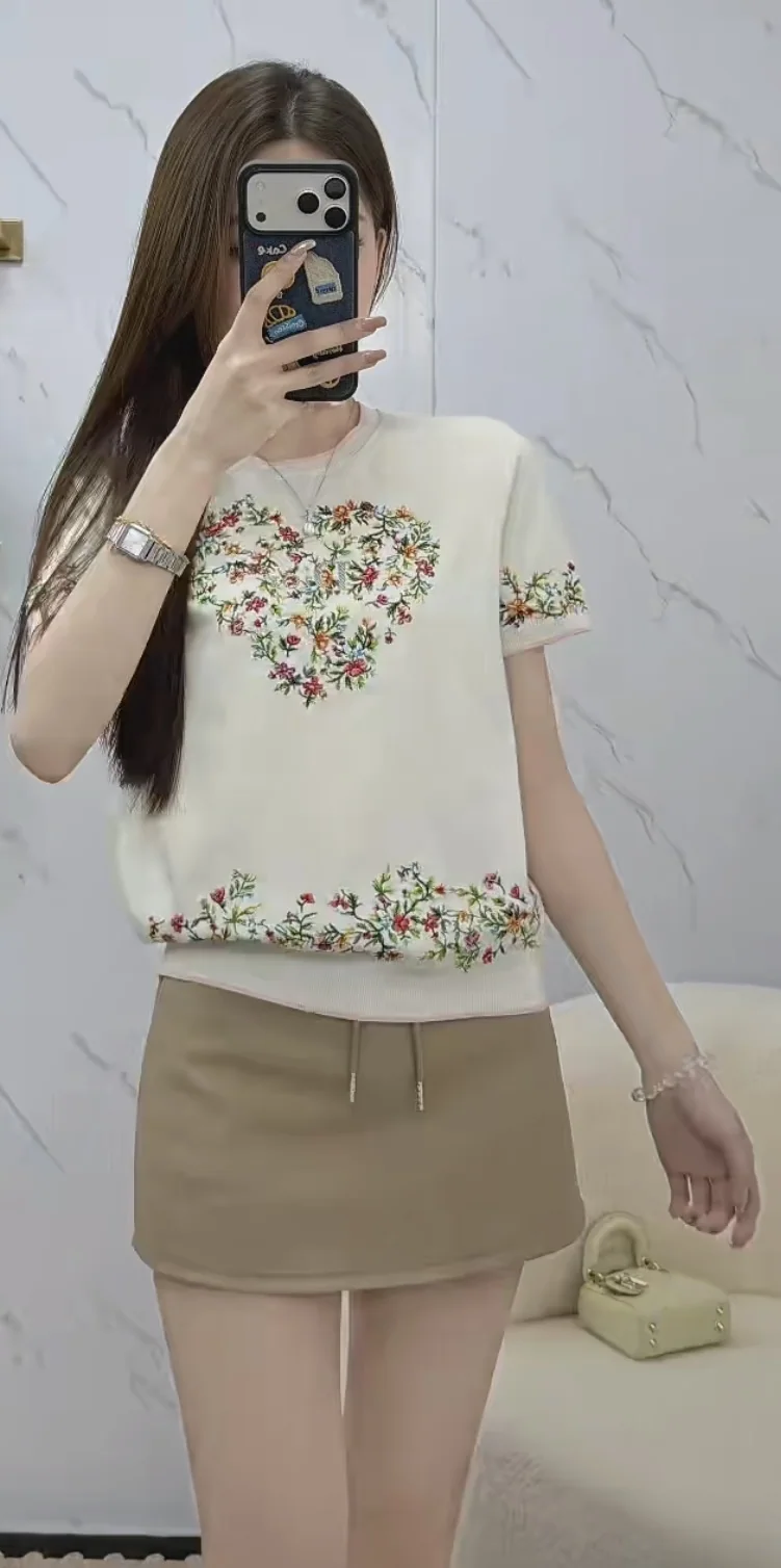 디올 플라워 자수 니트 반팔 탑 상세 이미지 6