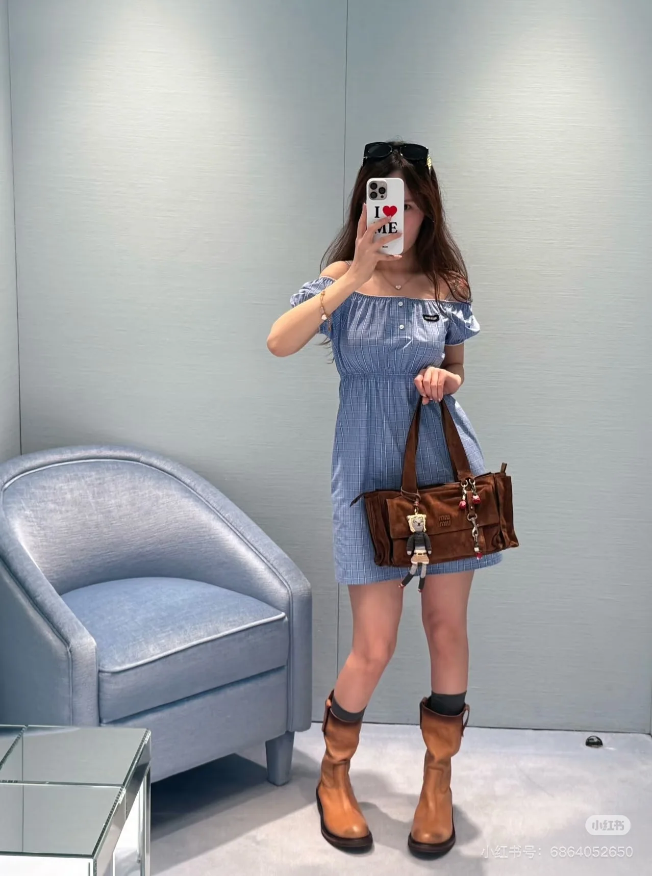미우미우 여성 화이트 블루 체크 원피스 레플리카 상세 이미지 2