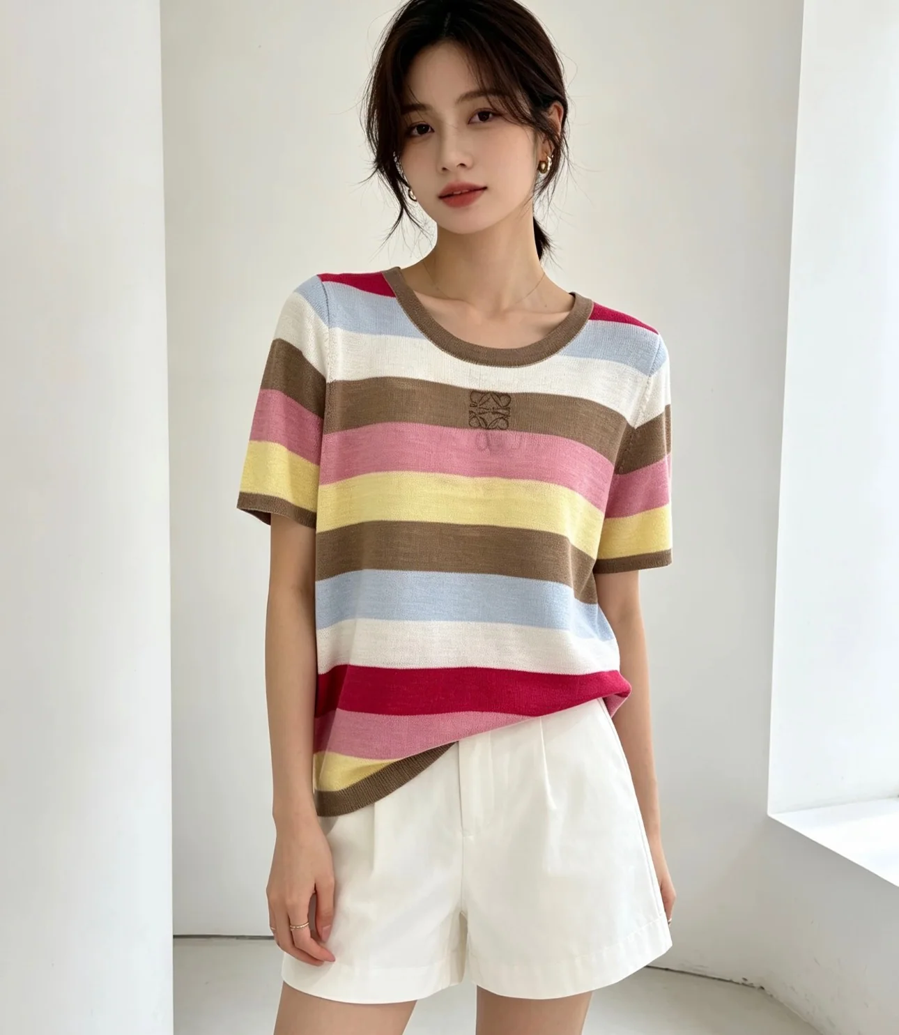 로에베 멀티컬러 스트라이프 울 반팔 스웨터 상세 이미지 1