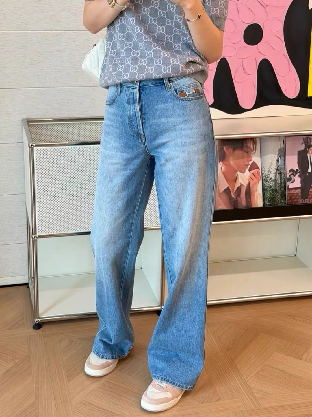 구찌 화이트 하이웨이스트 플레어 와이드 데님 상세 이미지 2