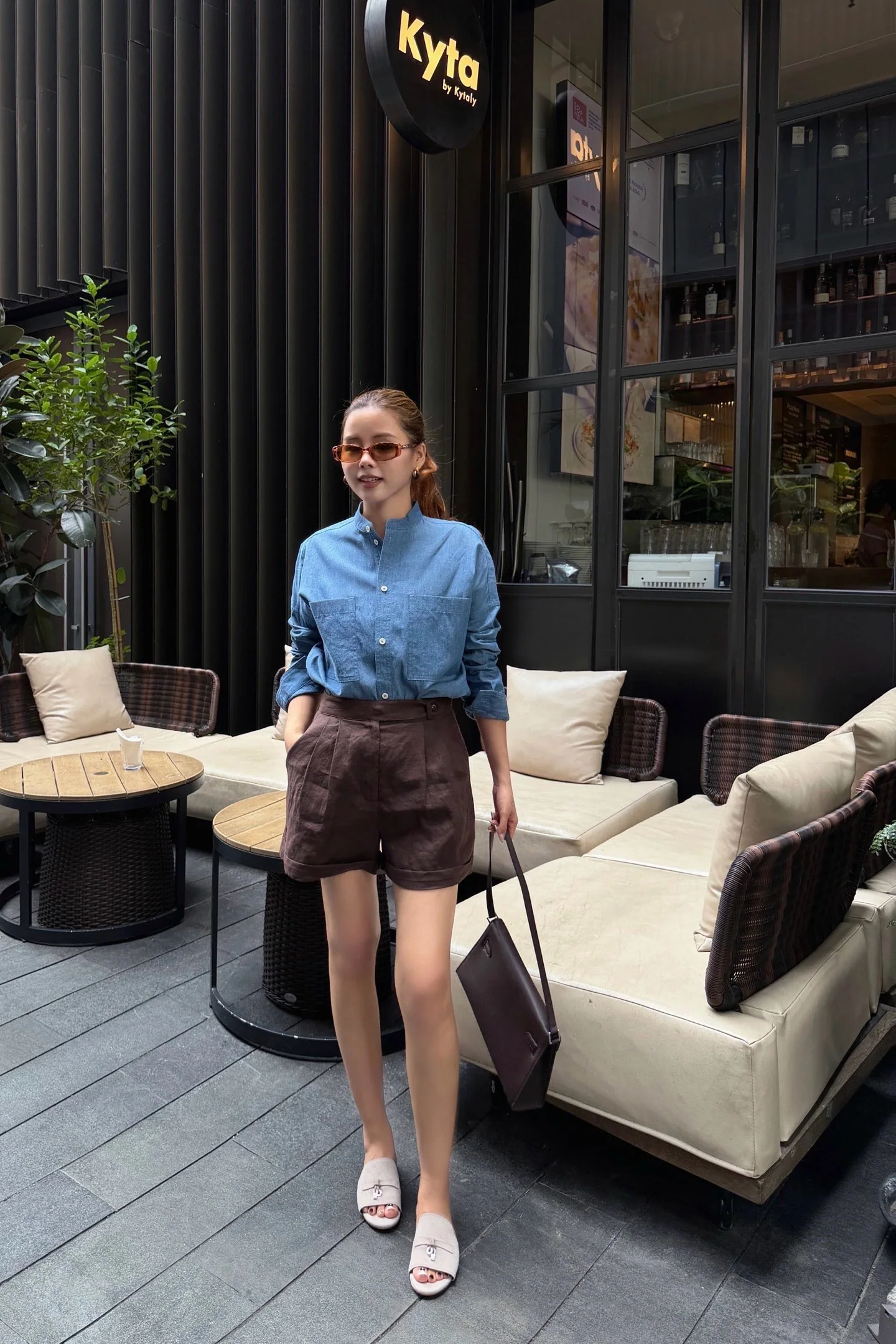로로피아나 스탠드 카라 데님 여성 셔츠 상세 이미지 3