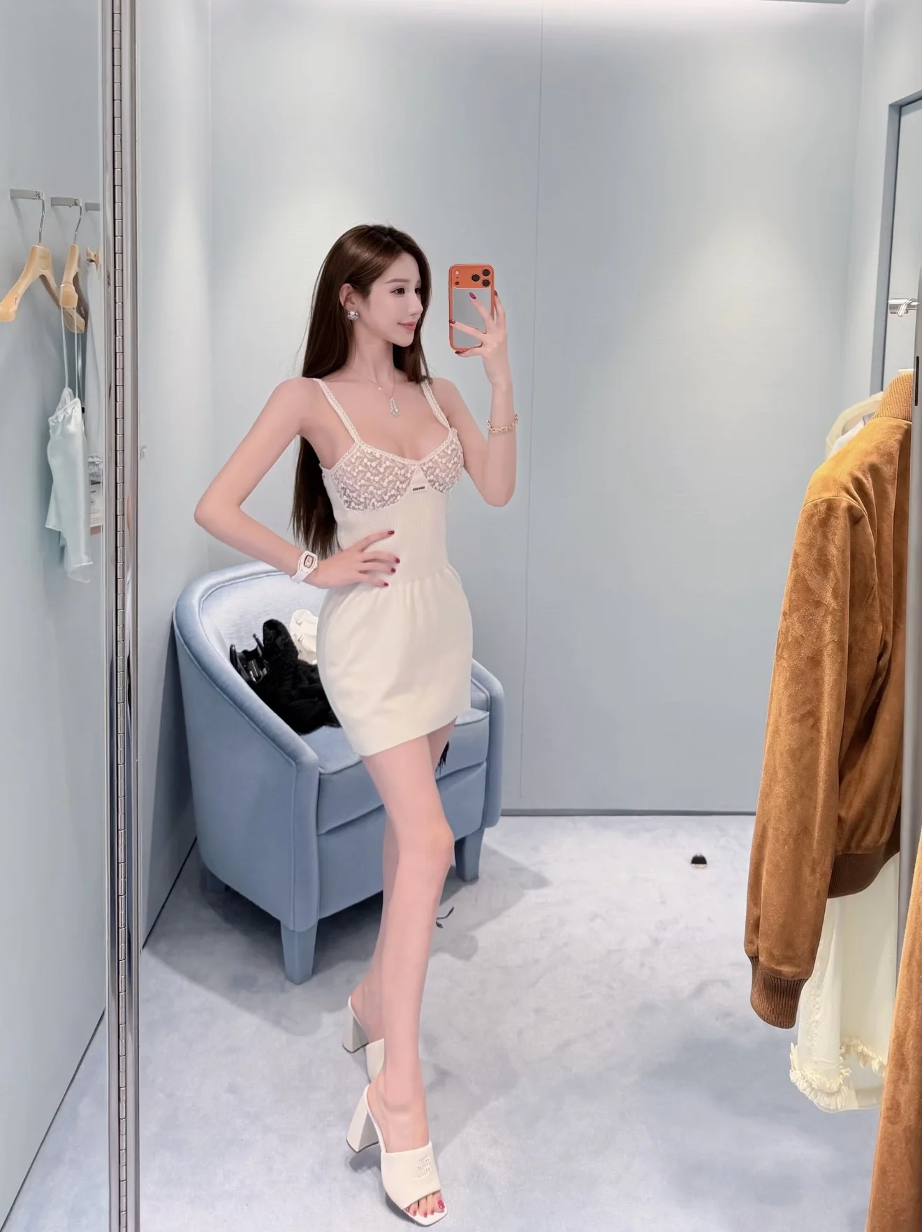 미우미우 레이스 자수 슬립 원피스 상세 이미지 1