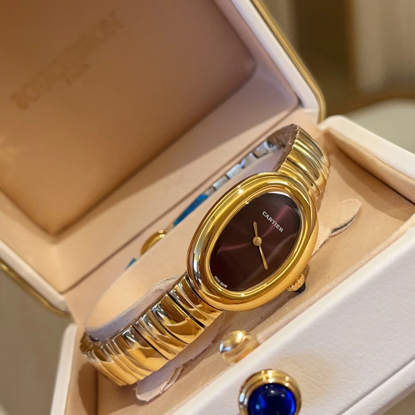 까르띠에 바뇨아르 쿼츠 무브먼트 사파이어 글라스 블루 스틸밴드 레플리카 42894 Cartier 상세 이미지 2