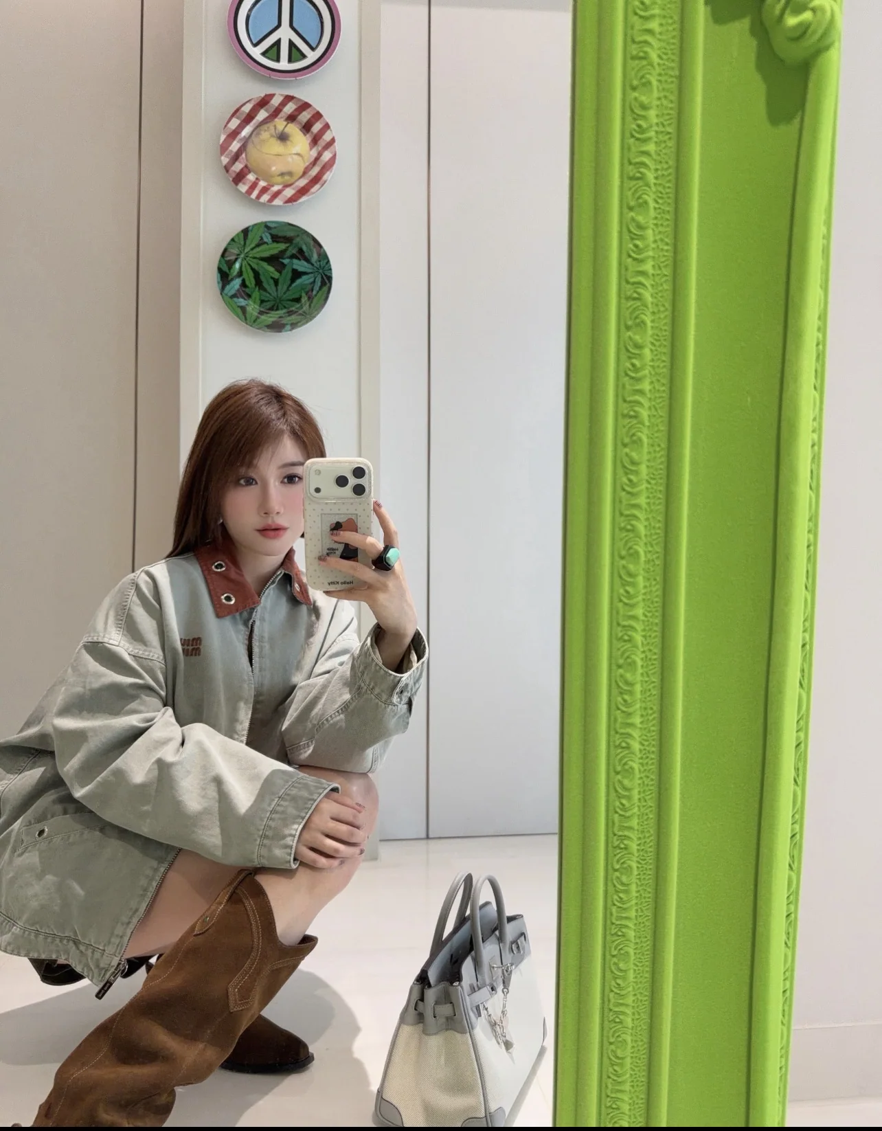 미우미우 회녹색 코튼 데님 크롭 자켓 상세 이미지 1