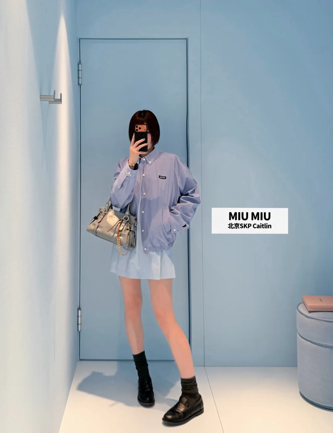미우미우 블루 체크 코튼 셔츠 재킷 상세 이미지 3