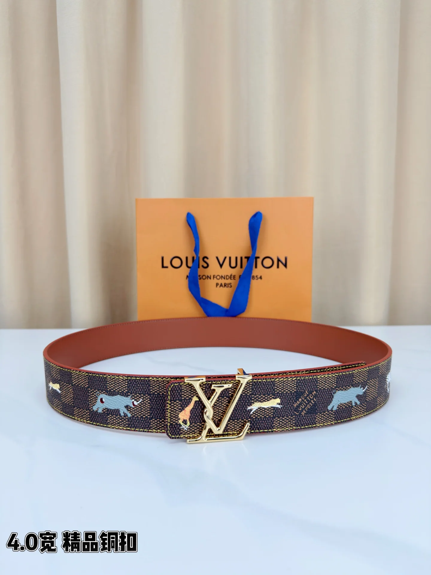 루이비통 골드 LV 버클 체크 캔버스 벨트 상세 이미지 1