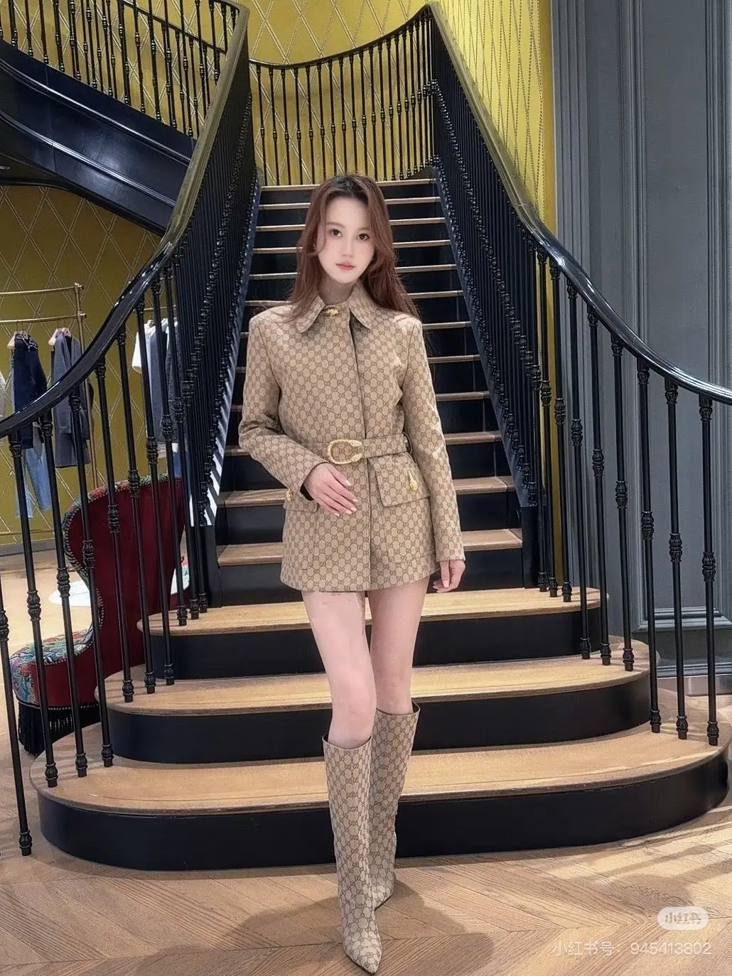 구찌 자카드 허리 밴드 미들 코트 자켓 상세 이미지 8
