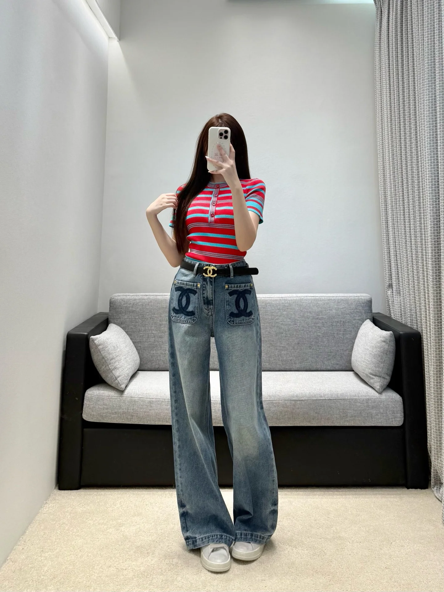 샤넬 투톤 와이드 레그 데님 여성 바지 상세 이미지 2