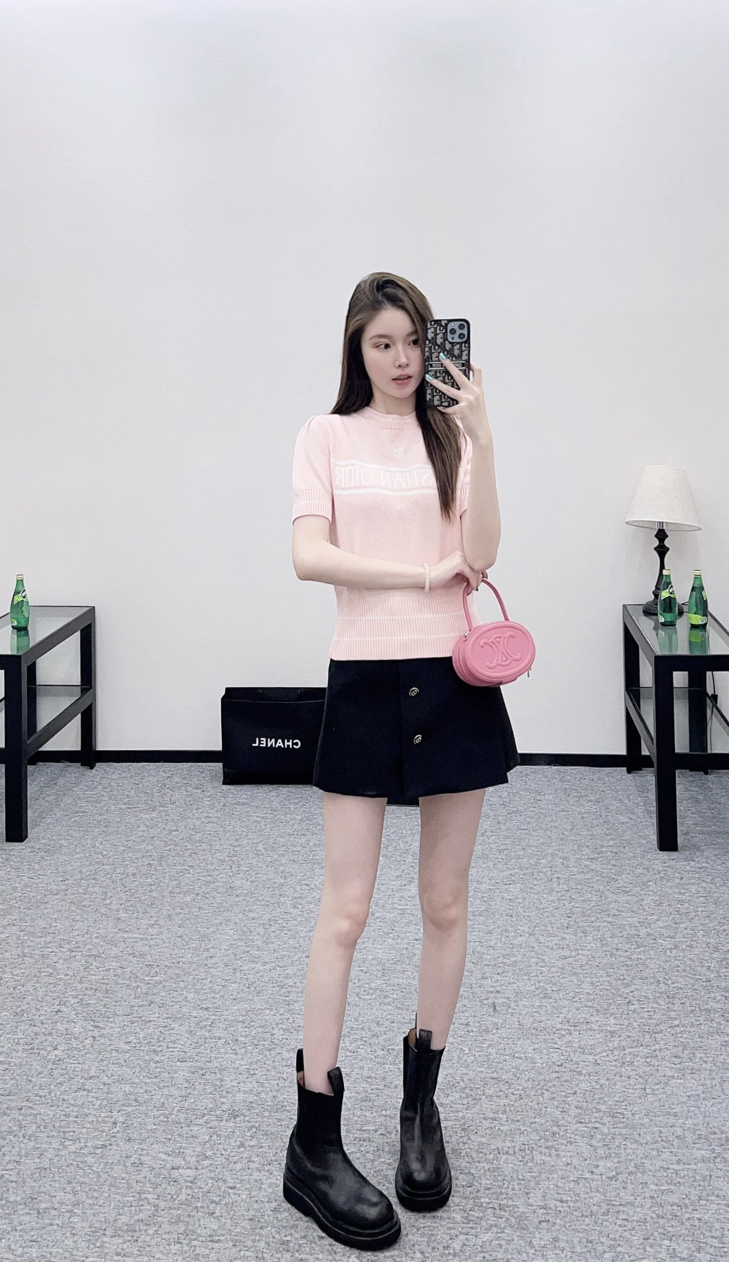 디올 진주 레터 니트 퍼프 소매 반팔 티셔츠 상세 이미지 1
