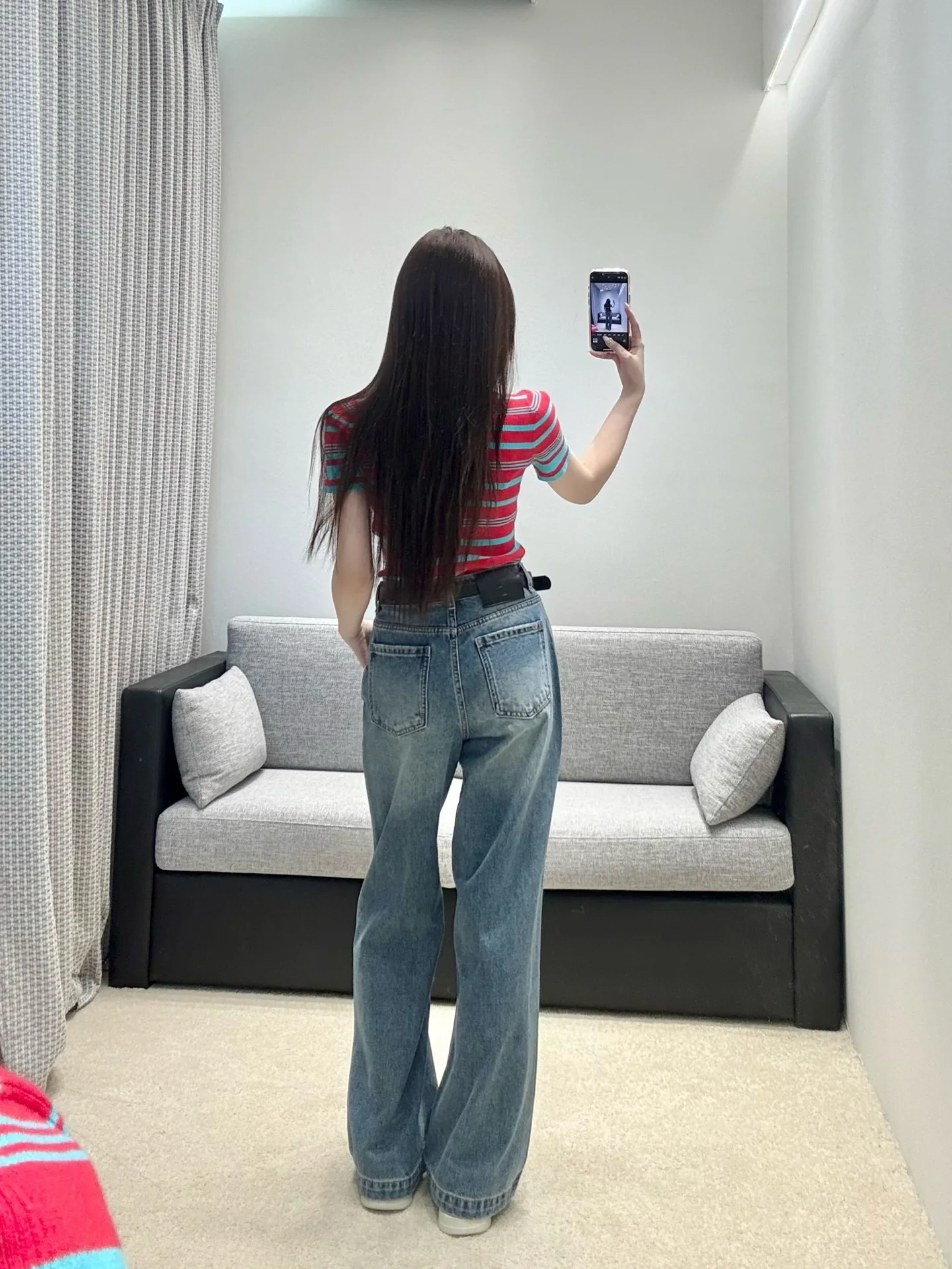 샤넬 투톤 와이드 레그 데님 여성 바지 상세 이미지 7