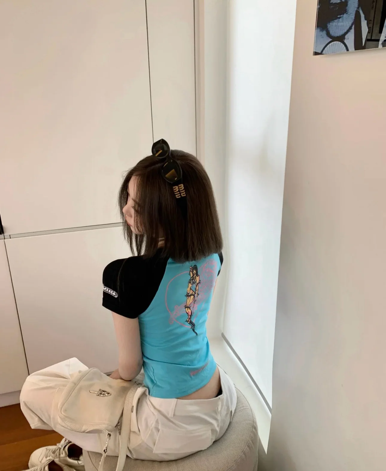 크롬하츠 여성 블루 컬러블록 반팔 티셔츠 상세 이미지 7