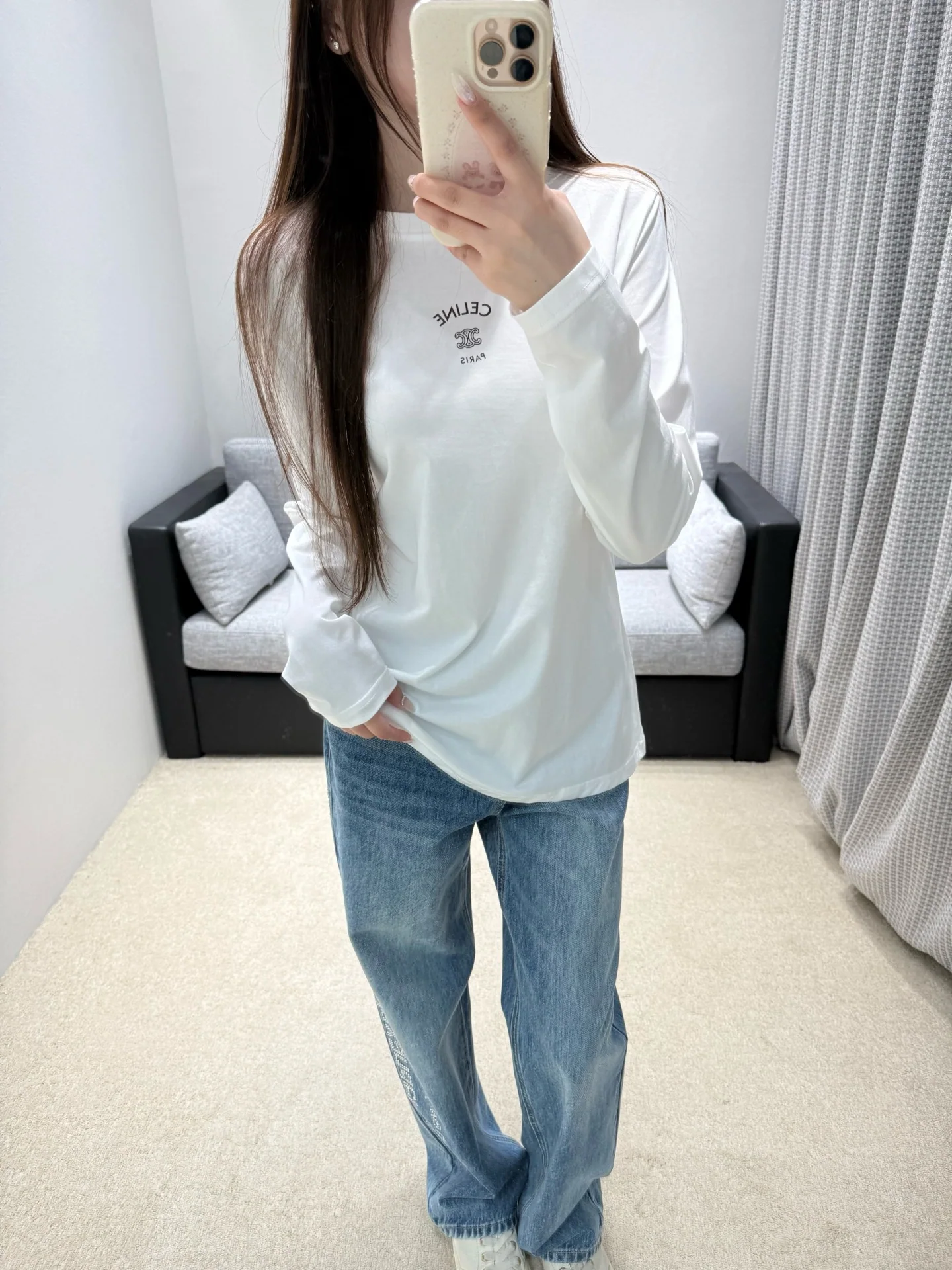 셀린느 블랙 화이트 크루넥 긴팔 티셔츠 상세 이미지 2