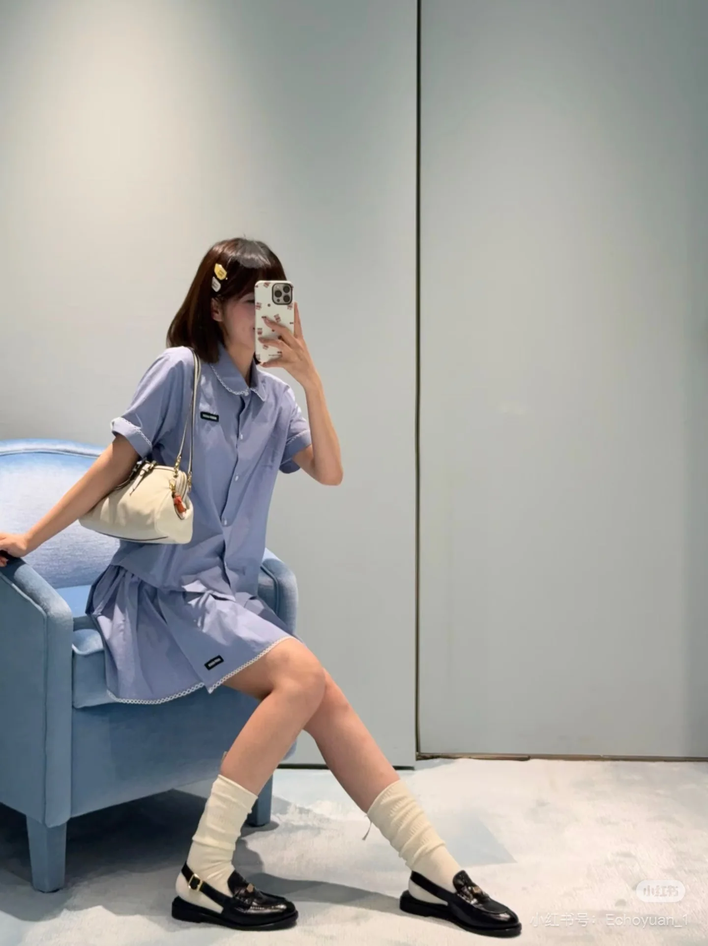 미우미우 체크 레이스 카라 반팔 티셔츠 상세 이미지 7