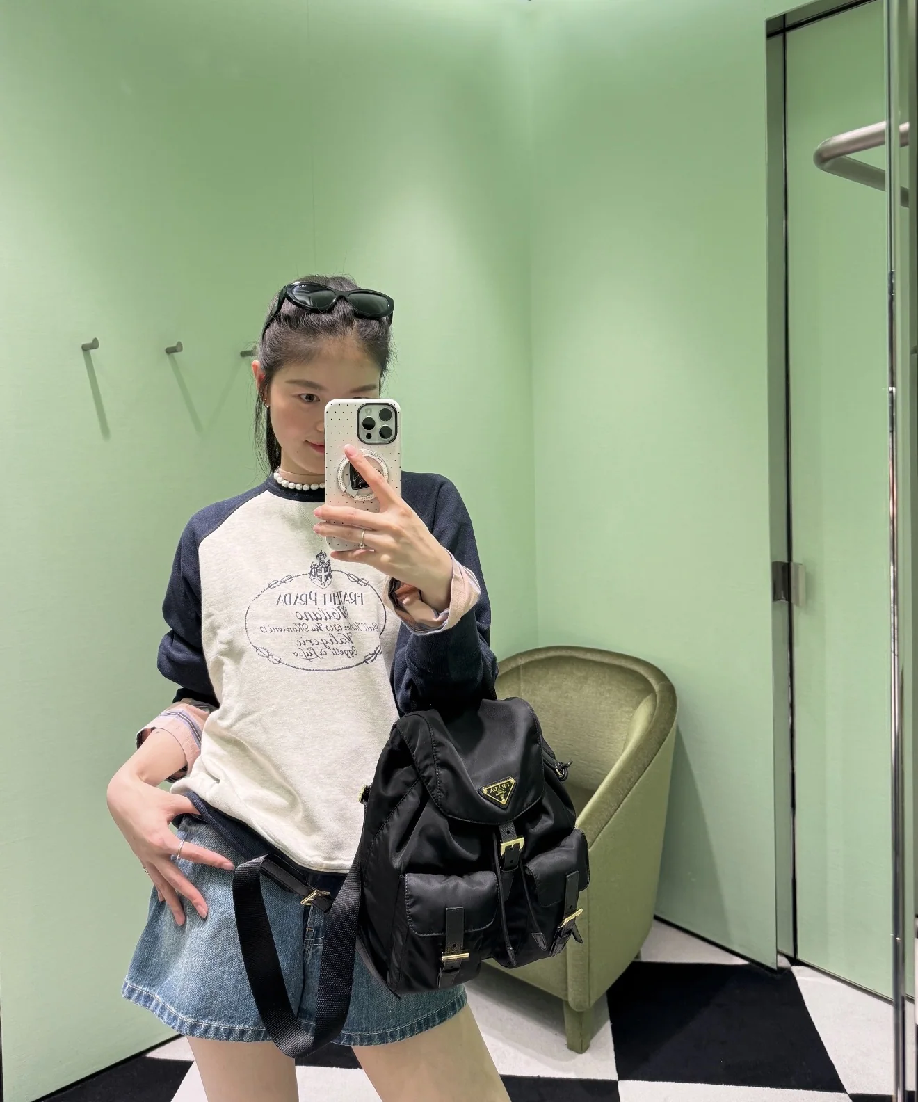 프라다 컬러 블록 코튼 크루넥 긴팔 티셔츠 상세 이미지 2