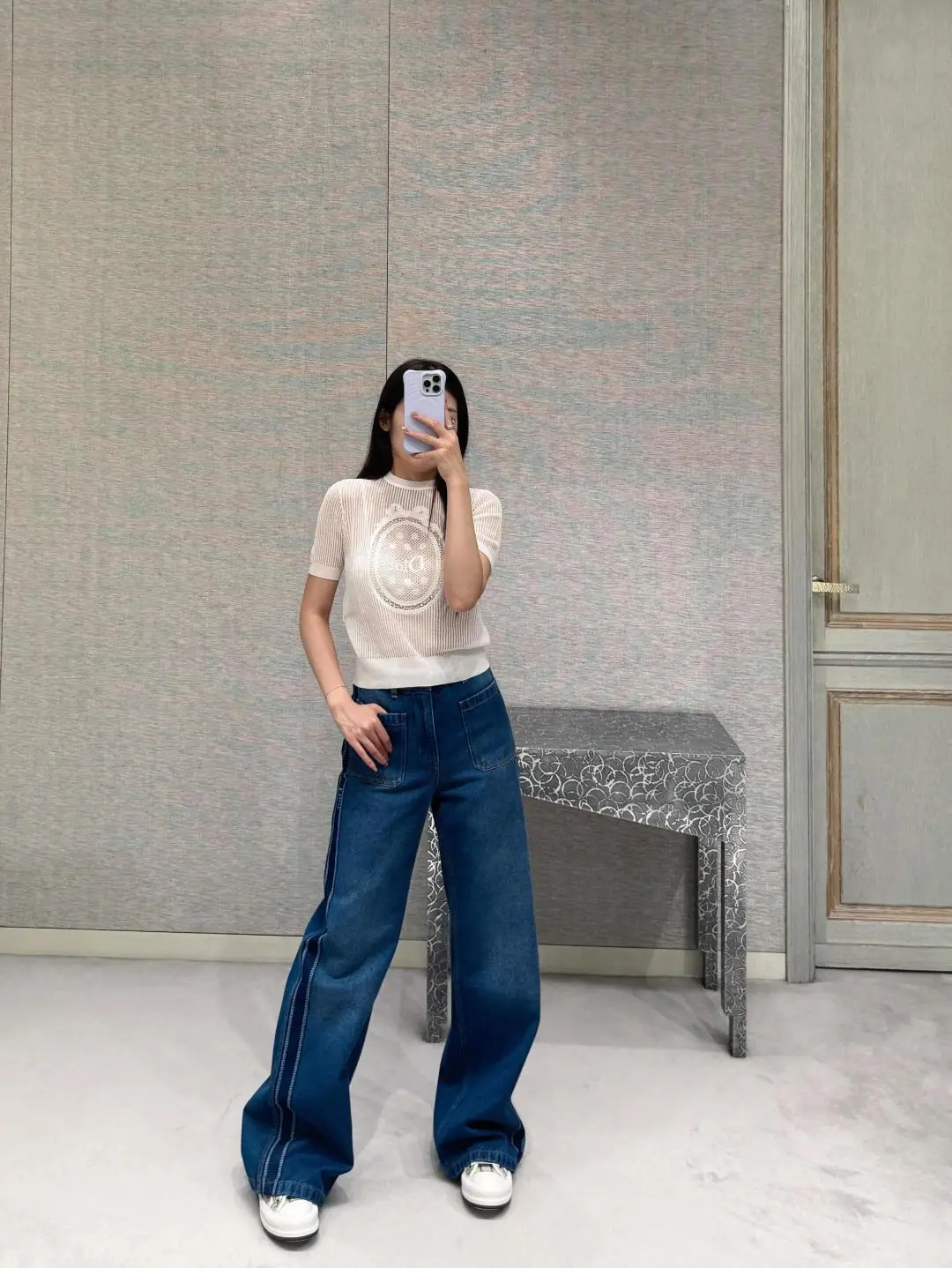 디올 하이웨스트 와이드 레그 여성 바지 상세 이미지 5