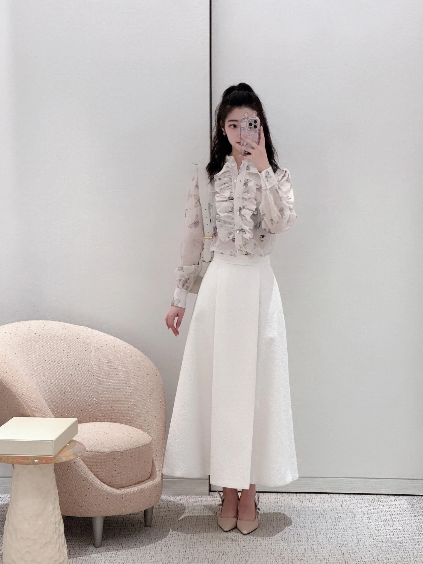 디올 나비 프린트 프릴 여성 셔츠 상세 이미지 1