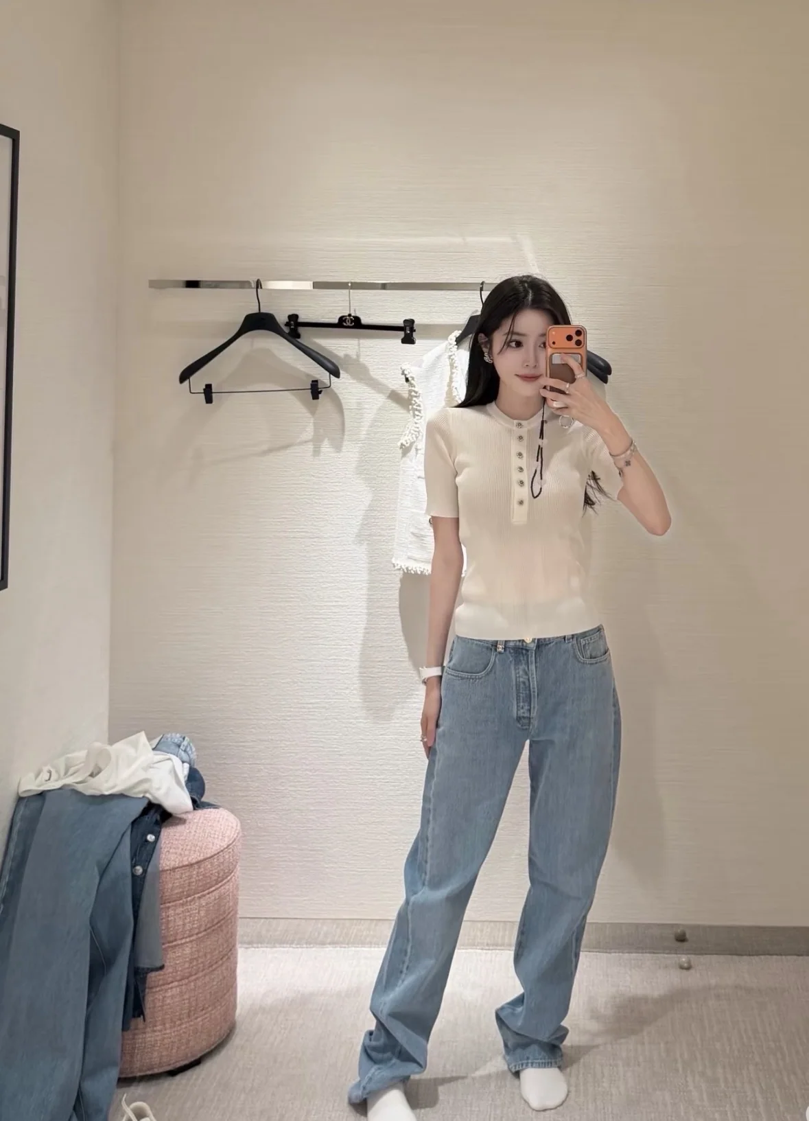 샤넬 리브 니트 여성용 반팔 티셔츠 상세 이미지 6